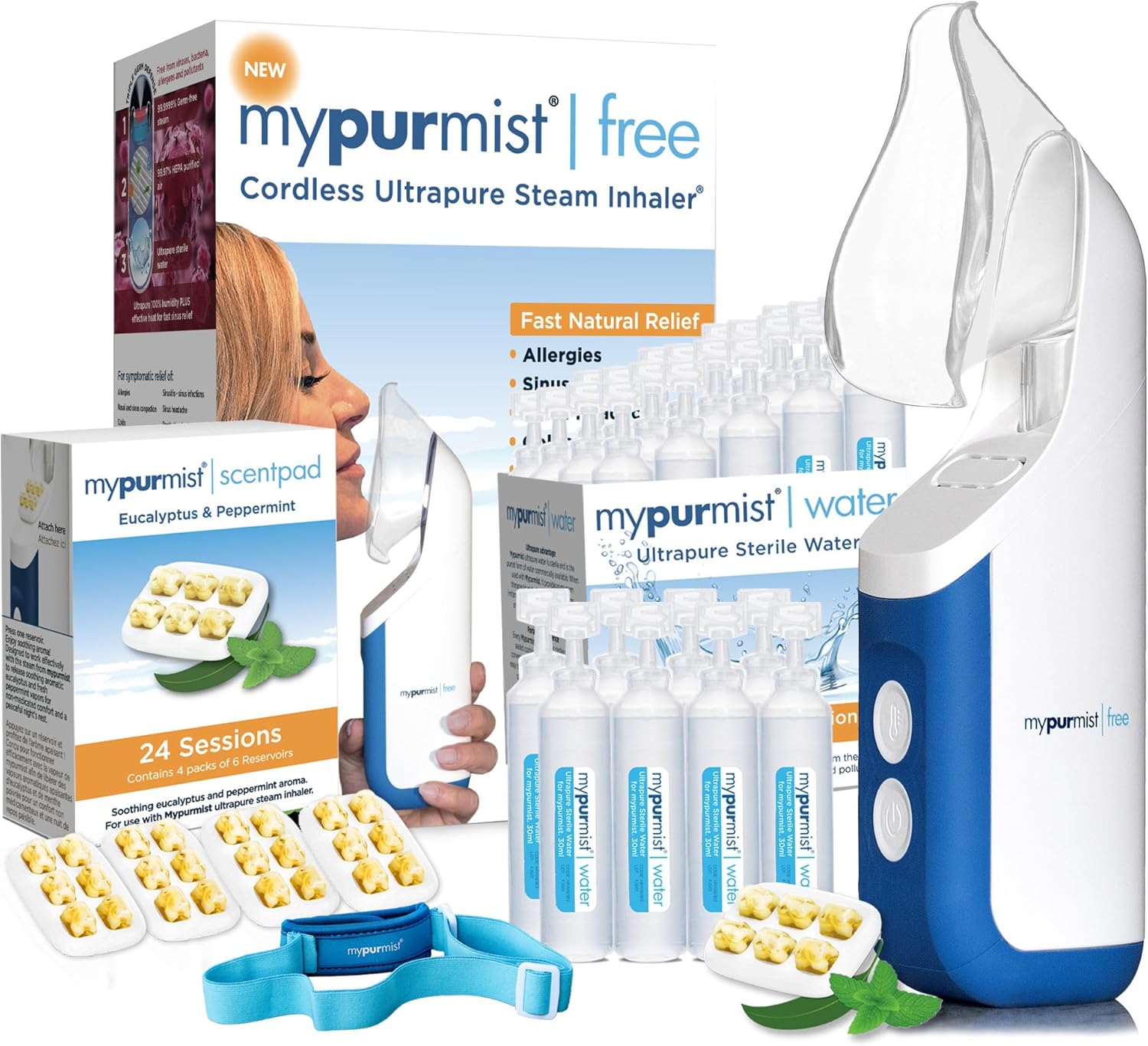 Mypurmist Free Premium Kit  Cordless Ultrapure Steam Inhaler with Water Refills, ScentPad, and Handsfree Strap  Personal Steamer Vaporizer Humidifier for Sinus Relief, Nasal Congestion, Cold