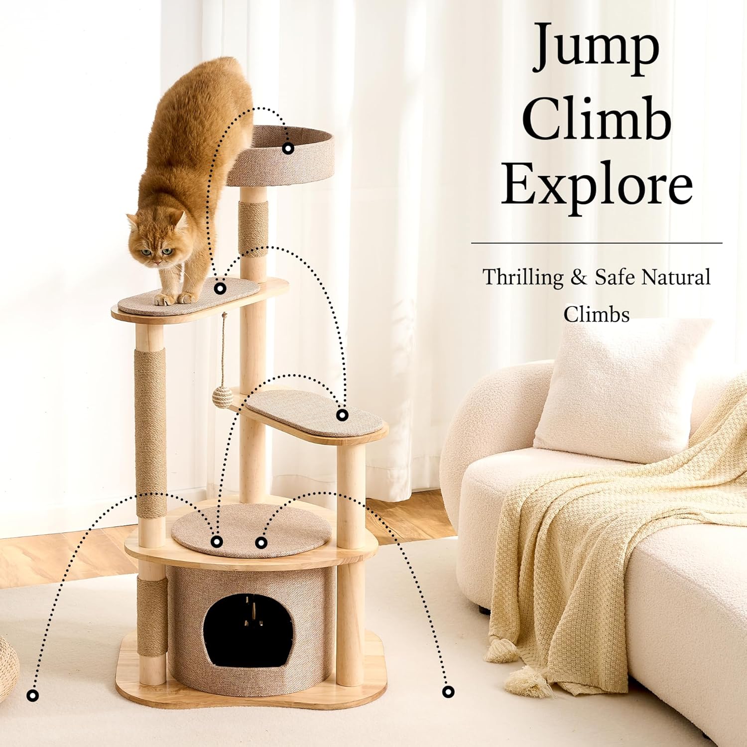 797Audio Modern Wood Cat Tree Tower, 46" Aesthetic Cat Tree with Natural Pine Wood Scratching Posts and Condo for Adult Cats, Solid Rubber Wooden & Linen Cat Tree,Multi-Level Tree for Indoor Cat