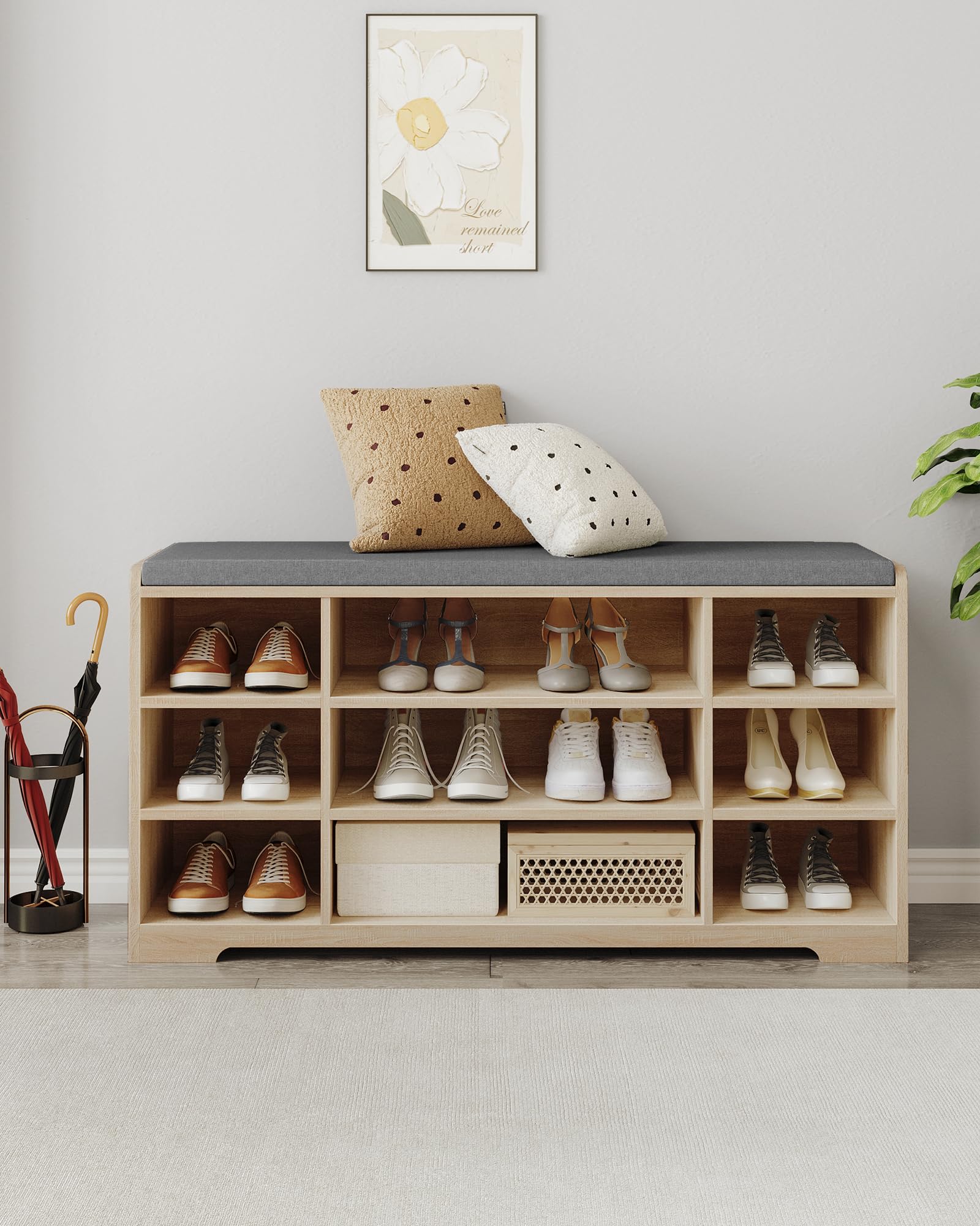 HzuaneriBanc à Chaussures, 9 Compartiments, Ivoire Clair | Meuble de Rangement Chaussures réglable, Assise Rembourrée, pour Entrée, l'entrée, la Chambre, SB10016GY