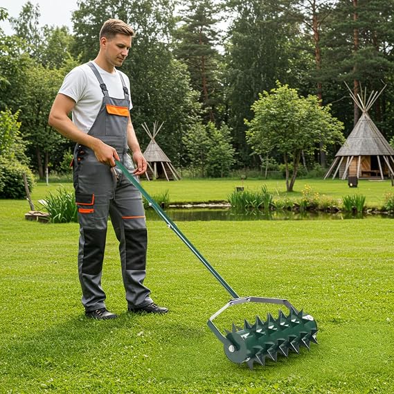18in Lawn Aerator, Heavy Duty Rolling Aerator Lawn Tool, Manual Lawn Aerator Yard Aerator