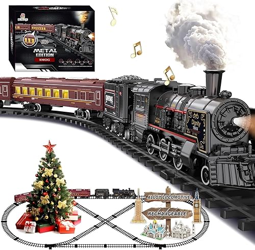 Juegos de tren eléctrico para niños, juguetes de tren de Navidad de aleación de metal, locomotora de vapor, vagones de pasajeros brillantes, pistas