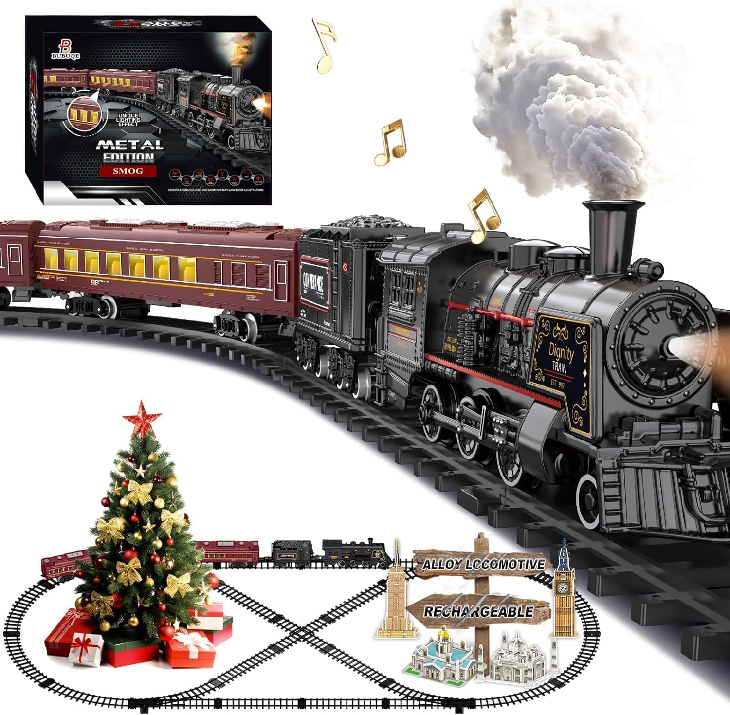 Electric Train Sets for Kids Metal Alloy Christmas Train Toys Steam Locomotive, Glowing Passenger Carriages, Luxury Tracks, Light & Sounds Rechargeable Birthday Gifts for Boys Girls Red …