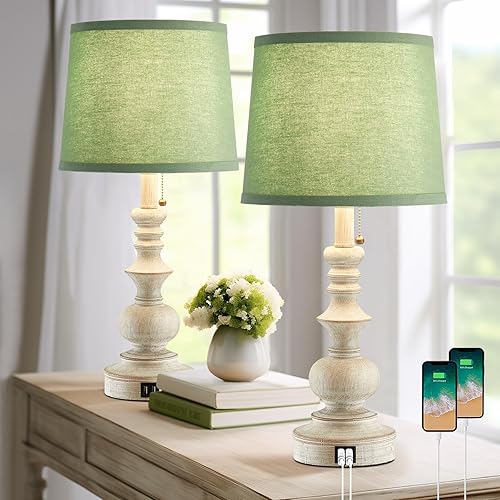 Lámparas Estilo Rústico de 22 pulgadas para Dormitorios, Juego de 2 Lámparas de Mesita de Noche con Puertos de Carga USB, Lámparas de Mesa
