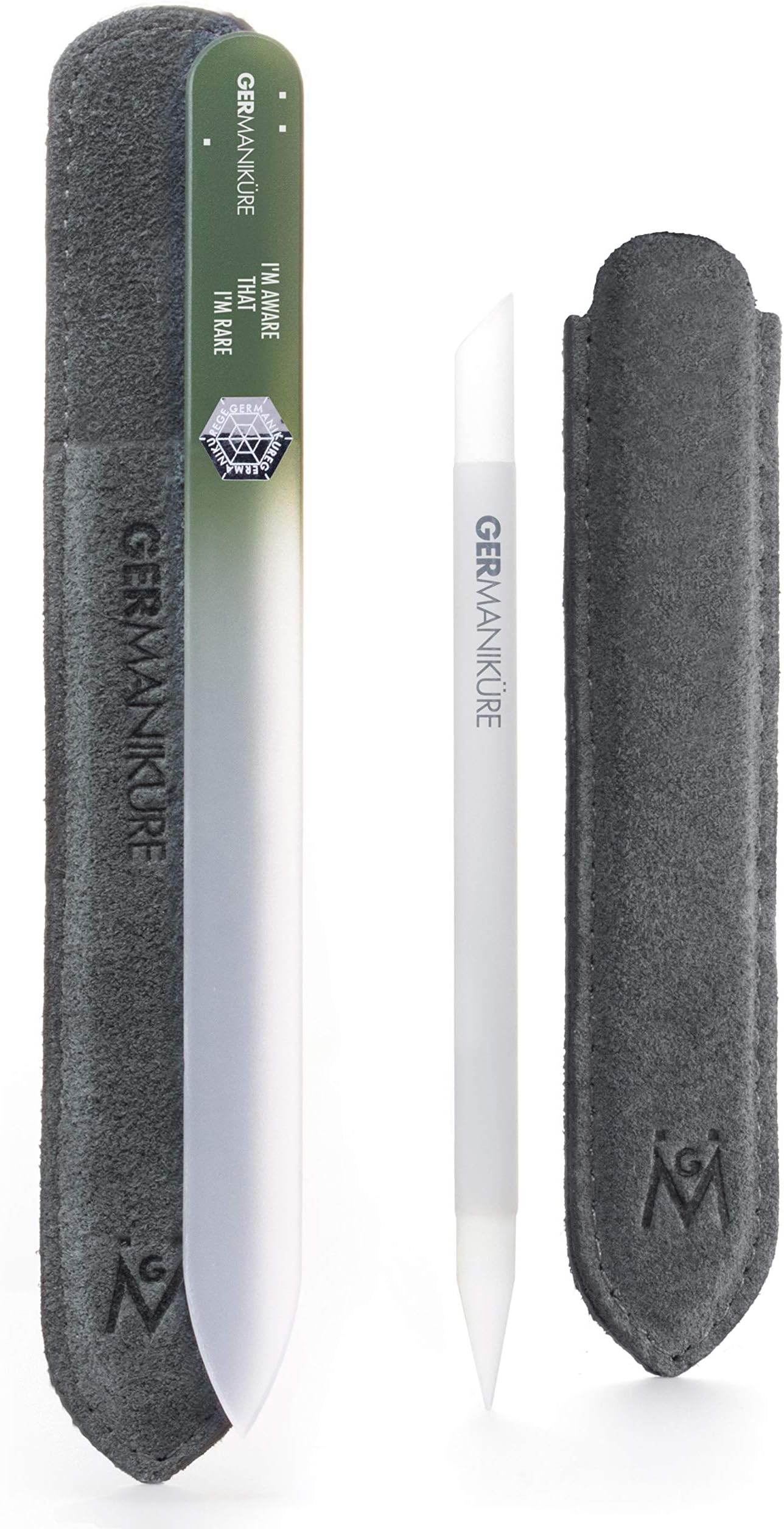 2 Pc Glass Bundle - Crystal Glass Cuticle Stick & I'm Aware that I'm Rare Nail File Set in Suede Sleeves โ Handmade in Czech Republic โ Cuticle Pusher, Callous Remover, Fingernail File