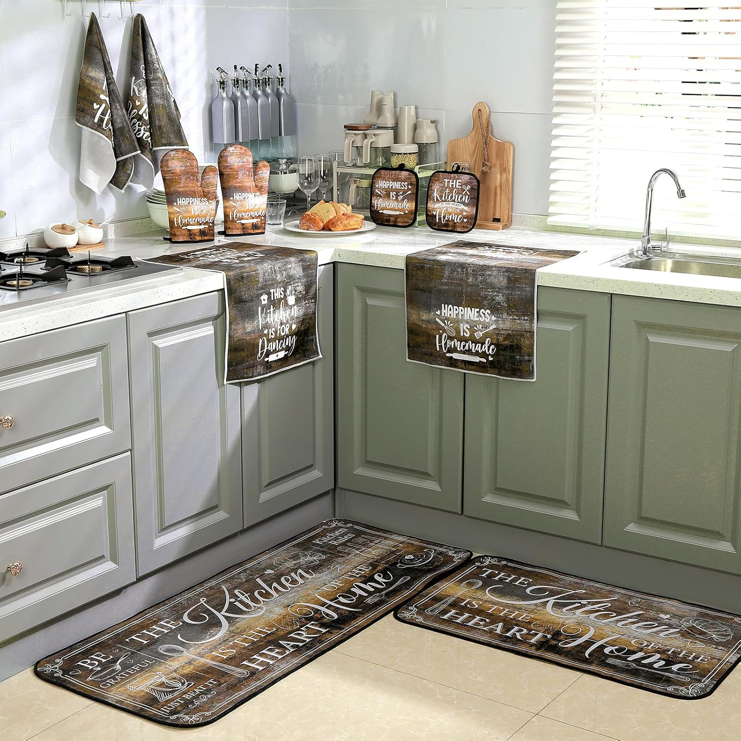 10 Pcs Farmhouse Kitchen Decor and Accessories Set 4 Kitchen Towels 2 Pot Holders 2 Oven Mitts 2 Rugs for Cooking Baking Mom Housewarming Gifts(Brown Gray,Classic Style)