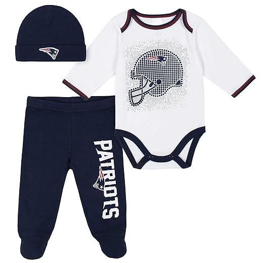 NFL New England Patriots 3 Pack Bodysuit Footed Pant and Cap Registry Gift Set, blue/white New England Patriots, 6-9M