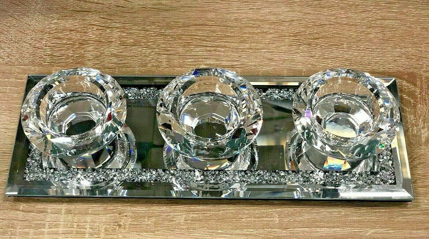 Biznest 3 Tea Light Holder Crystal Diamond Crush Silver Mirrored Glass Candle Holders