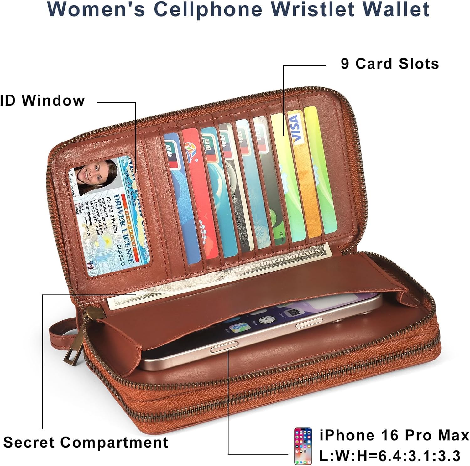 Double Zipper Wallet RFID Blocking Cellphone Wristlet for Women Large Capacity Multi Card Clutch Purse with Removable Strap, Grey Linen Brown - Image 3