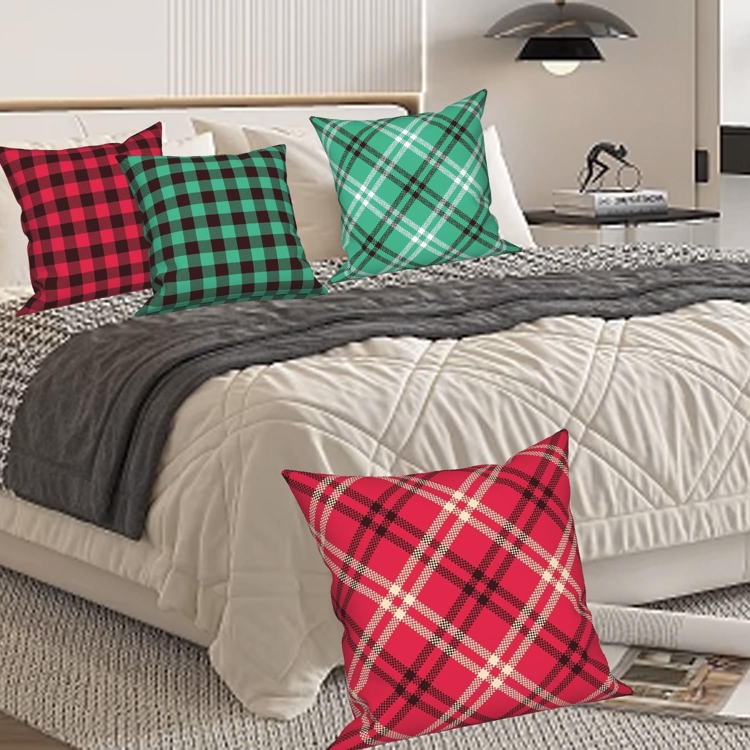 4 Pcs/Set Green and Red Plaid Pillow Covers Classic Aesthetic Geometry Sofa Cushion Case with Invisible Zipper for Christmas Patio Couch Bed Office Car Home 20"x20"