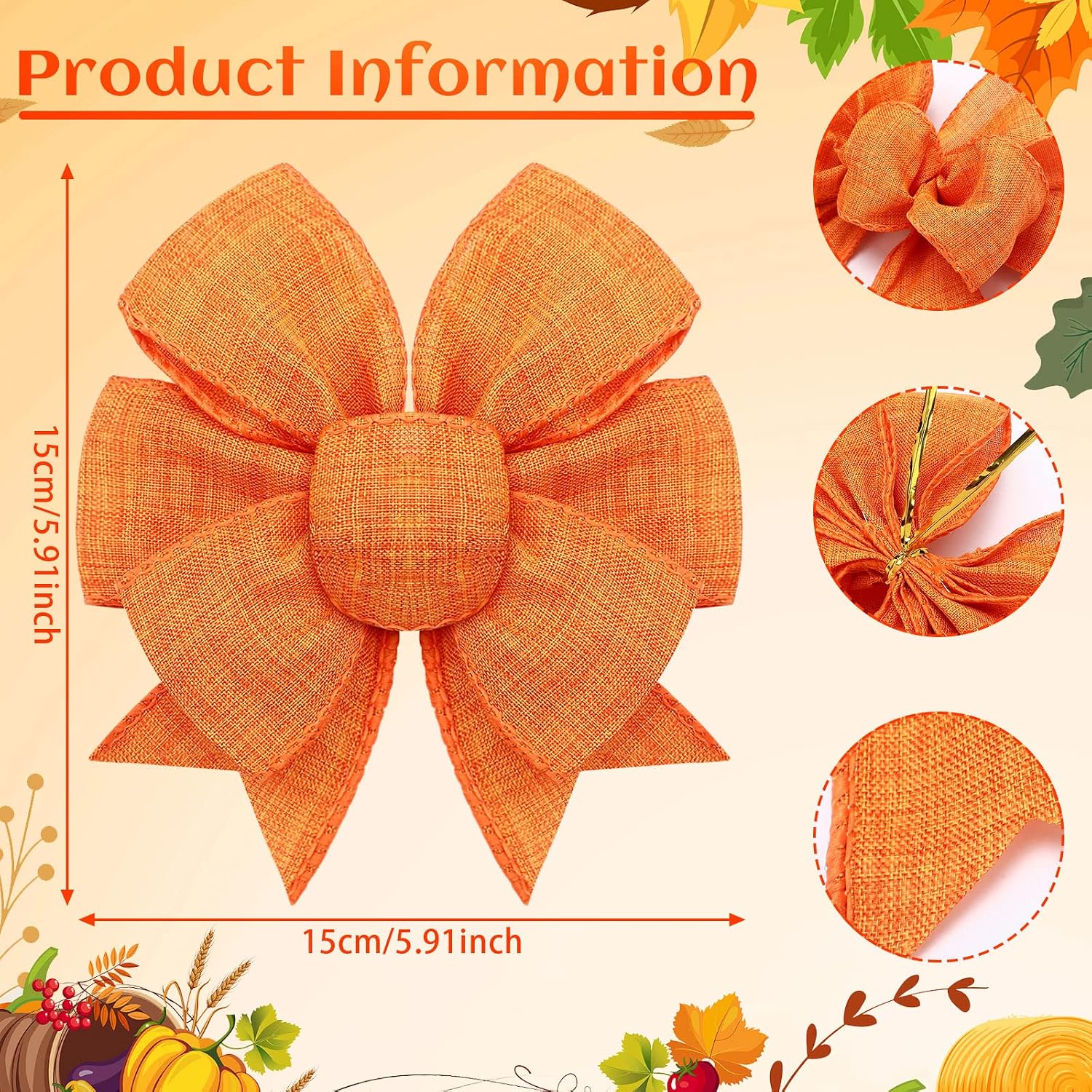 Syhood 4 Pcs Fall Wreath Bows, Orange Burlap Bows for Wreaths, Front Door, Tree Topper and Garland, Rustic Thanksgiving Christmas Tree Decorations for Party, Wedding Birthday DIY Crafts