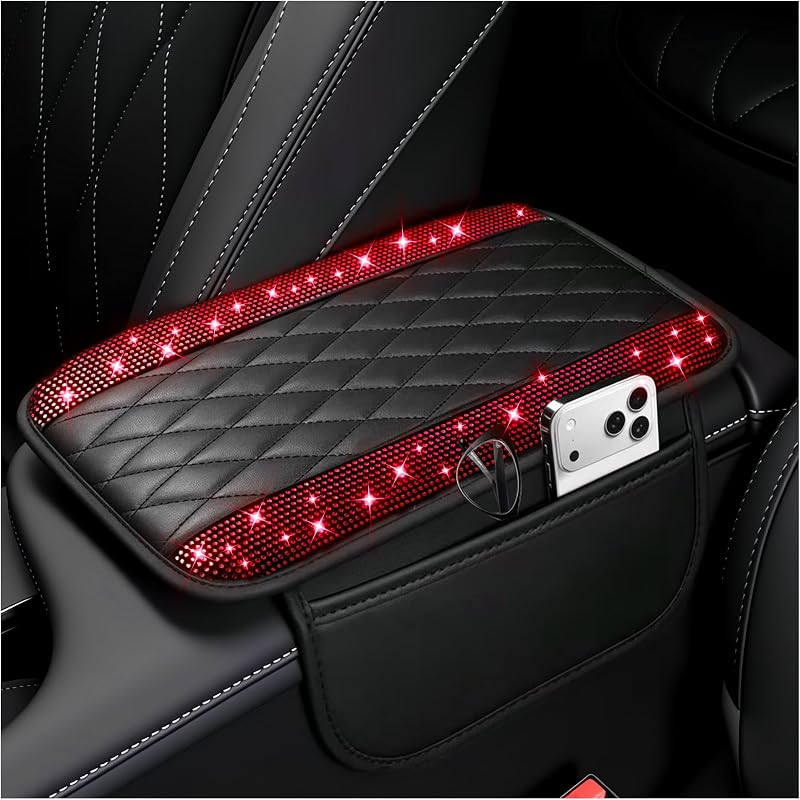 Capa para Apoio de Braço do Console Central Stacool em Couro de Microfibra com Strass e Bolsos Laterais – Vermelho, 1 unidade