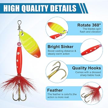 Spinner Baits Bass Lures Rooster Feather Tail Fishing Lures Trout Lures Hard Metal Inline Spinnerbaits for Bass Trout Pike Walleye Salmon with Tackle Box