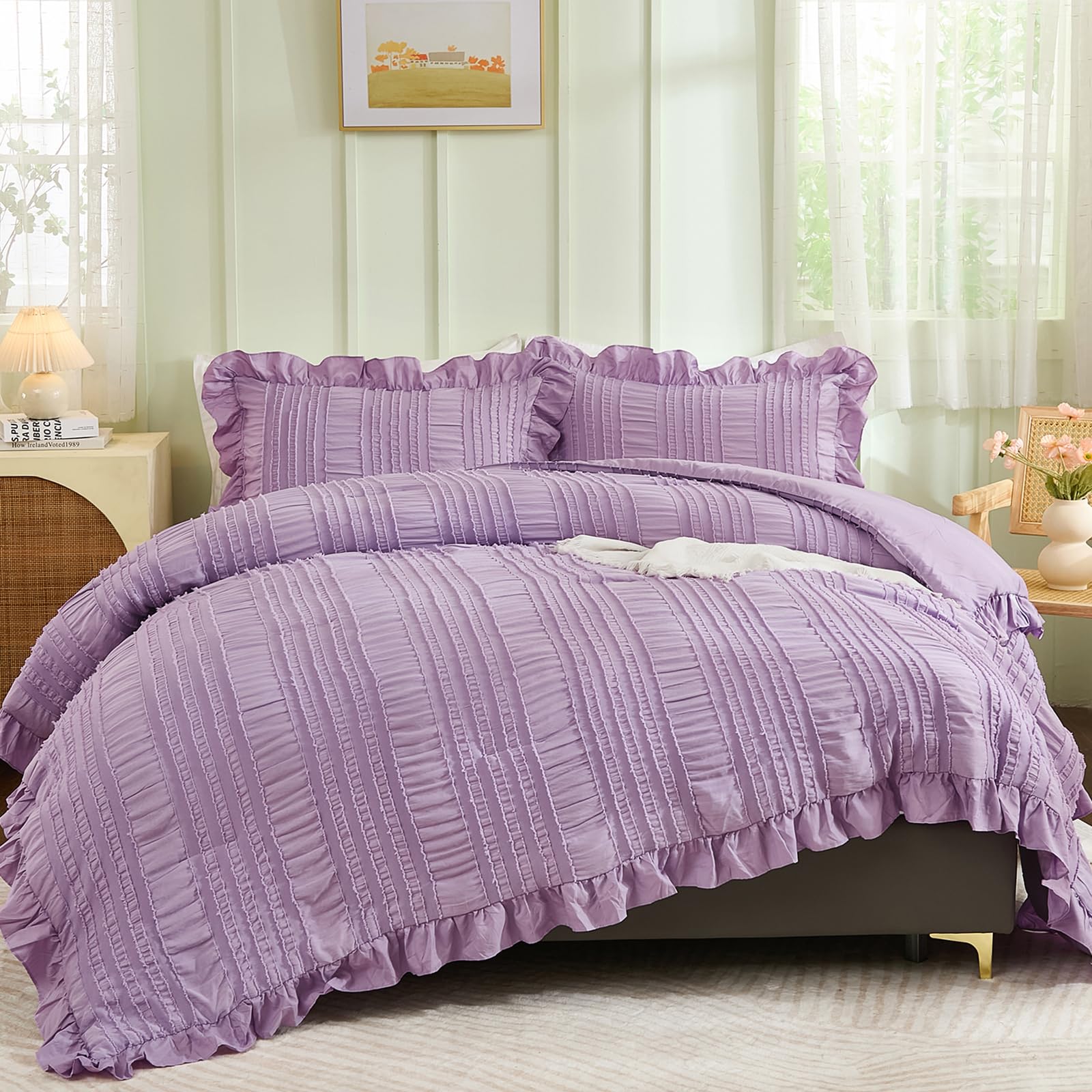 Edredón morado King de microfibra suave juego de cama de 3 piezas con fundas de almohada