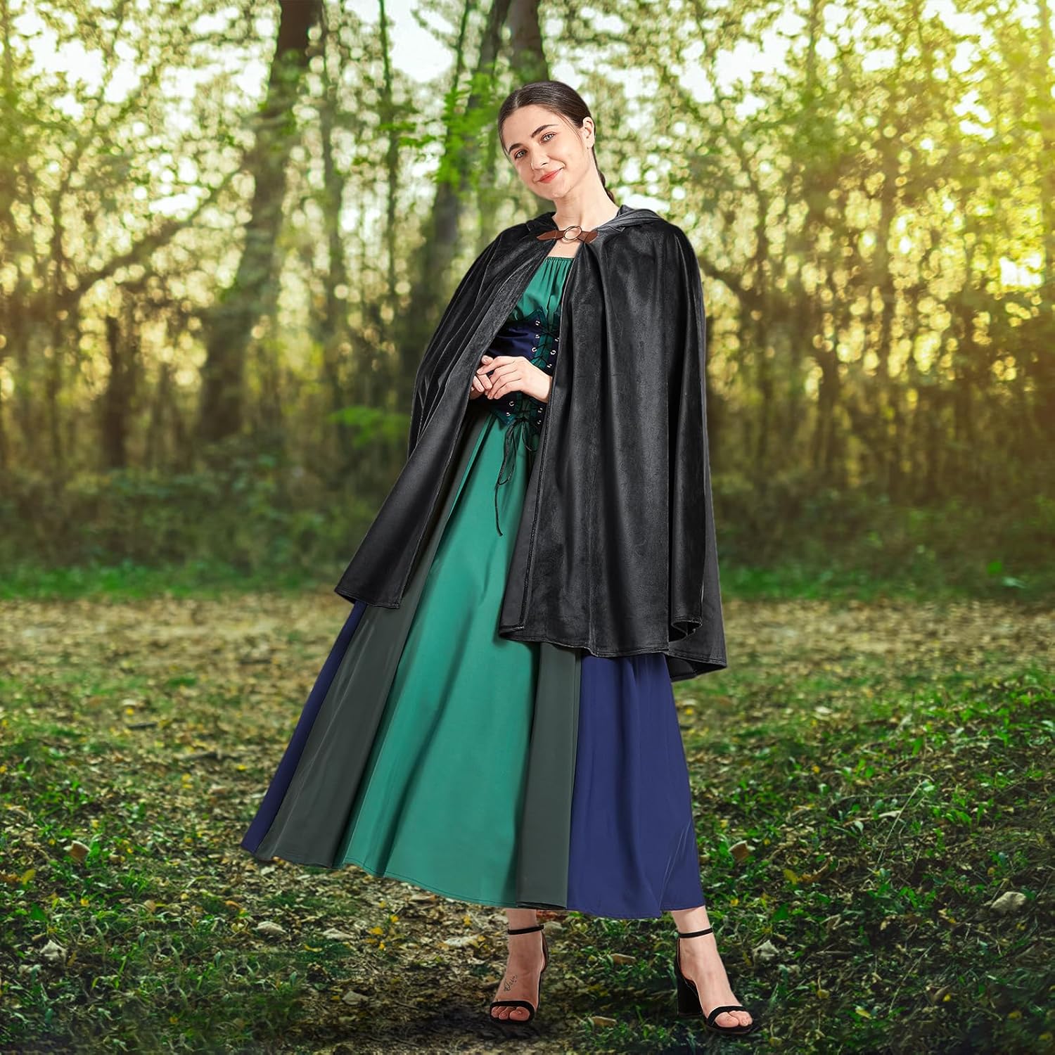 SunnyLisa Cloak with Hood for Renaissance Medieval Victorian Steampunk Halloween Costume Women Men,Wizard Witch Cape Cosplay - Image 4