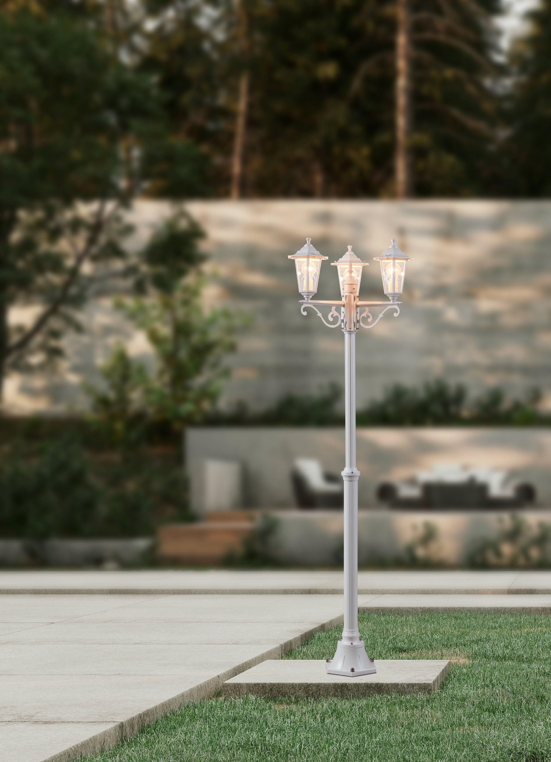 EGLO Lampadaire parisien Laterna 5 à 3 têtes, luminaire extérieur sur pied | Lampes en aluminium moulé sous pression et verre, blanc, culot E27, protection IP44