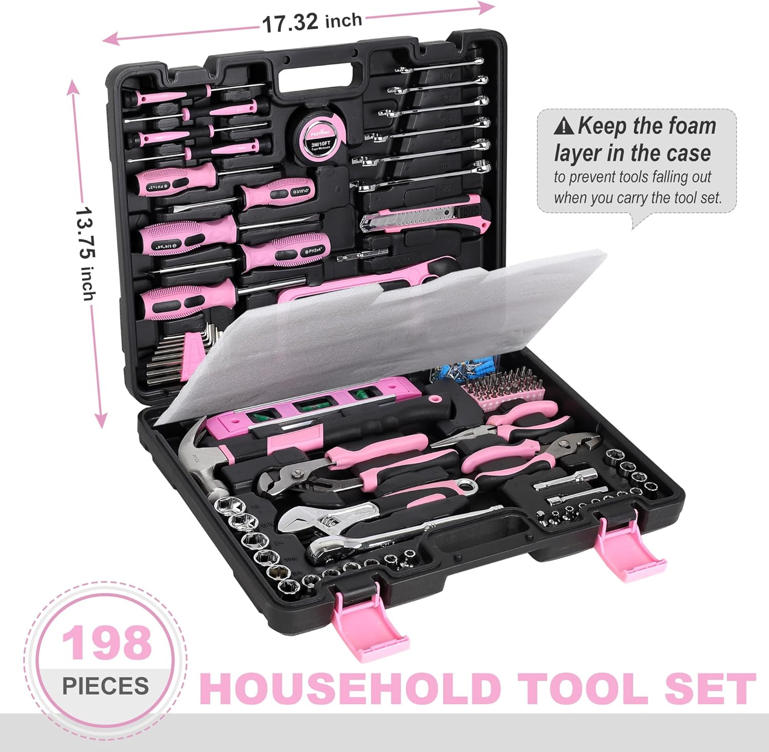 FASTPRO 198-Piece Pink Tool Set, Household Repairing Tool Set with Toolbox, SAE Mechanics Hand Tool Kit for DIY, Home Maintenance