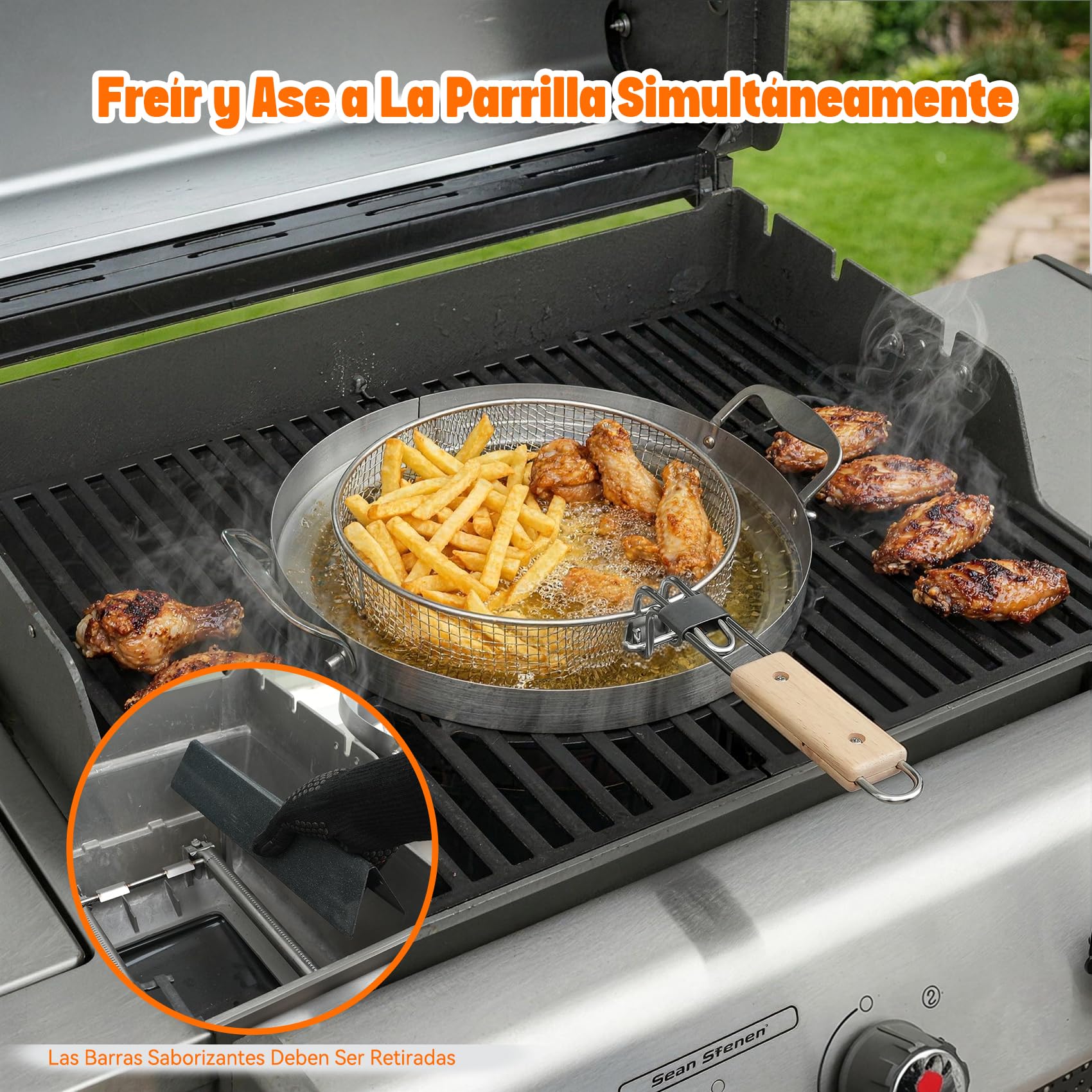 Onlyfire Freidora de Acero Inoxidable para Weber Gourmet BBQ System, Set de Olla y Cesta para Barbacoa de 57 cm, con Mango de Madera Extraíble, Ideal para Patatas Fritas y Alitas