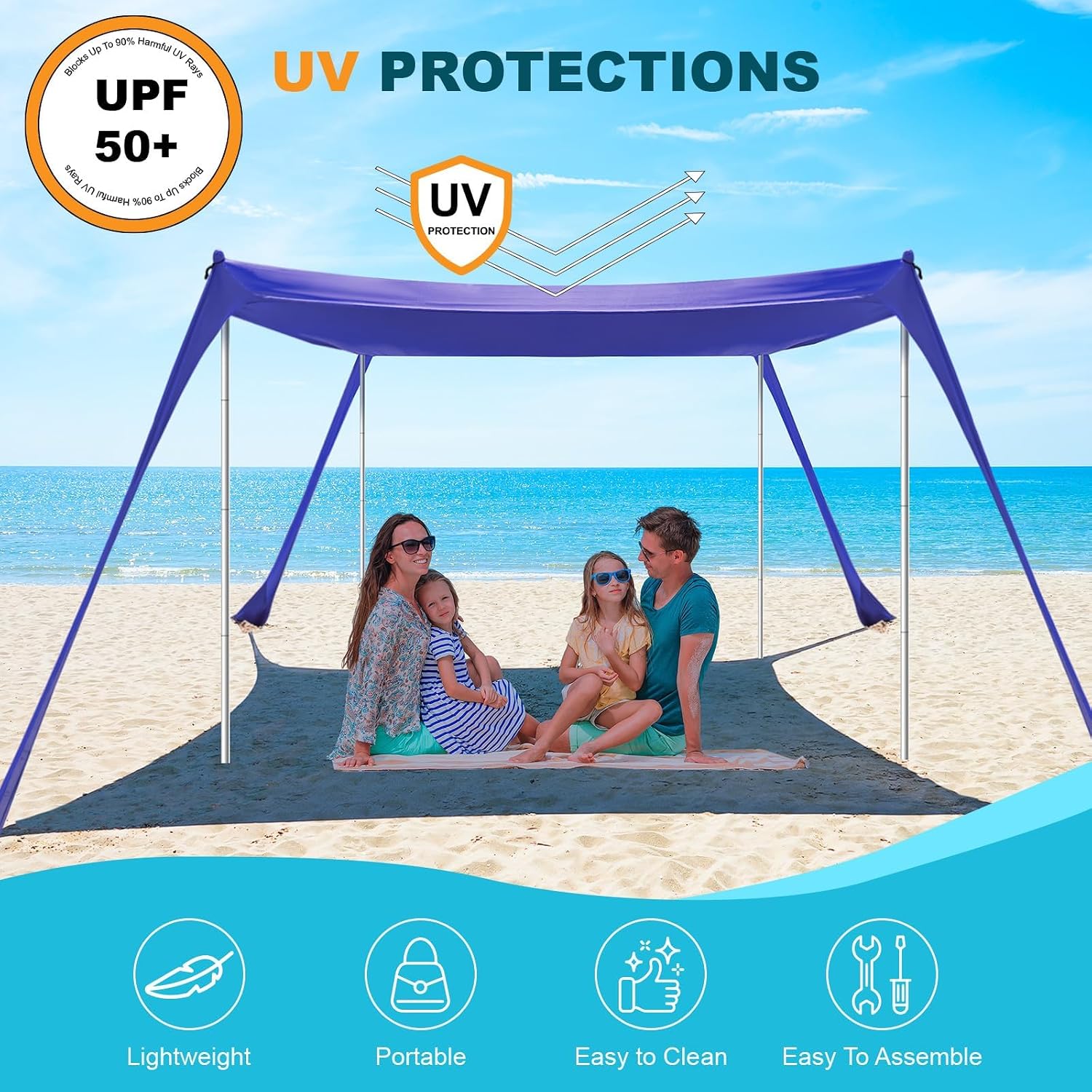 Beach Tent - 10 x 10 FT Beach Canopy, Portable Beach Tent Sun Shelter UPF50 with 4 Sandbags, Anti-Wind Ropes,Ground Pegs, and Stability Poles,Outdoor Beach Shade Canopy for Camping