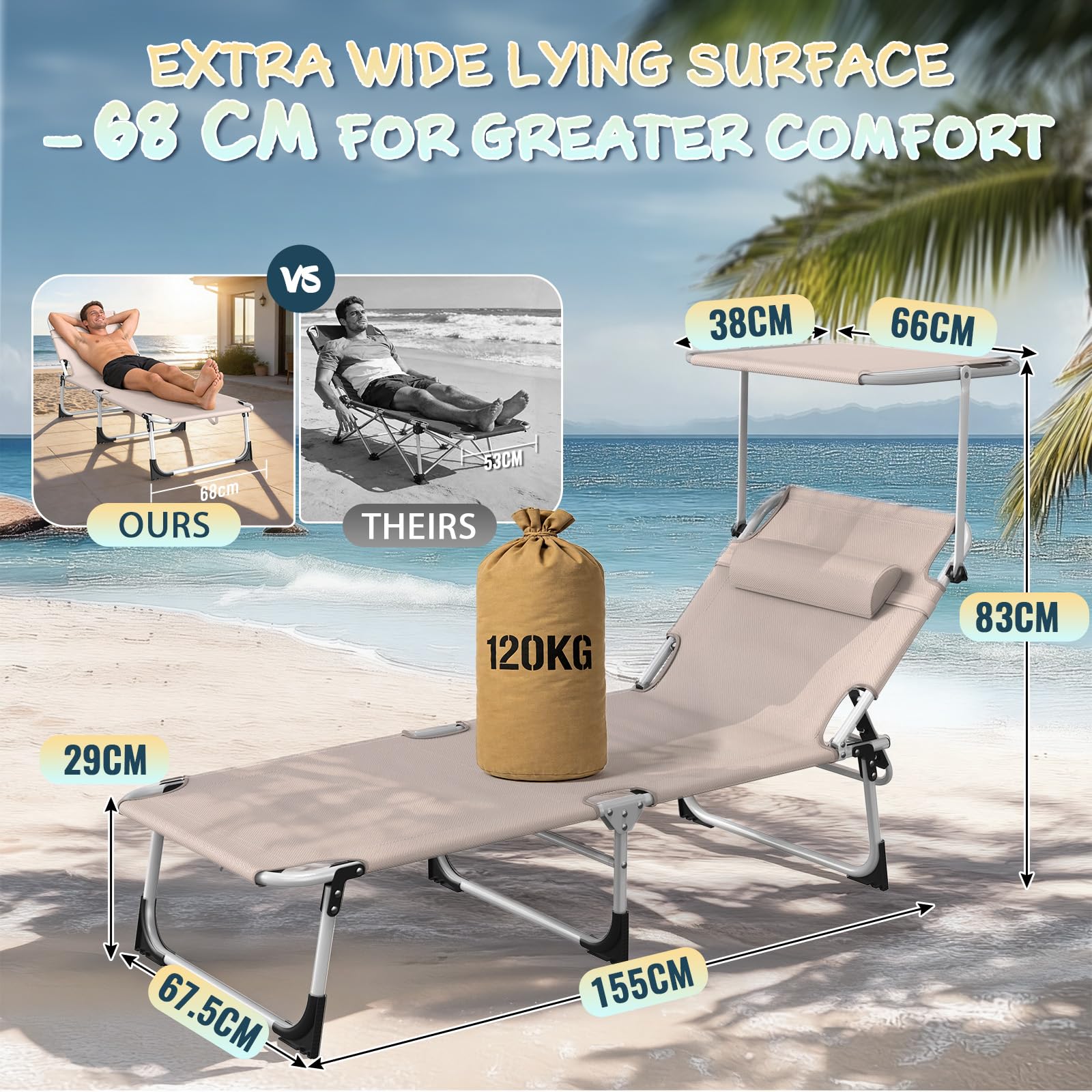 Sonnenliege Klappbar mit Dach 2er Set, Liegestuhl Aluminium Wetterfest 194 X 68 X 29 cm, Strandliege Gartenliege Klappliege Sonnenschutz mit Kopfkissen & Seitentasche, Khaki