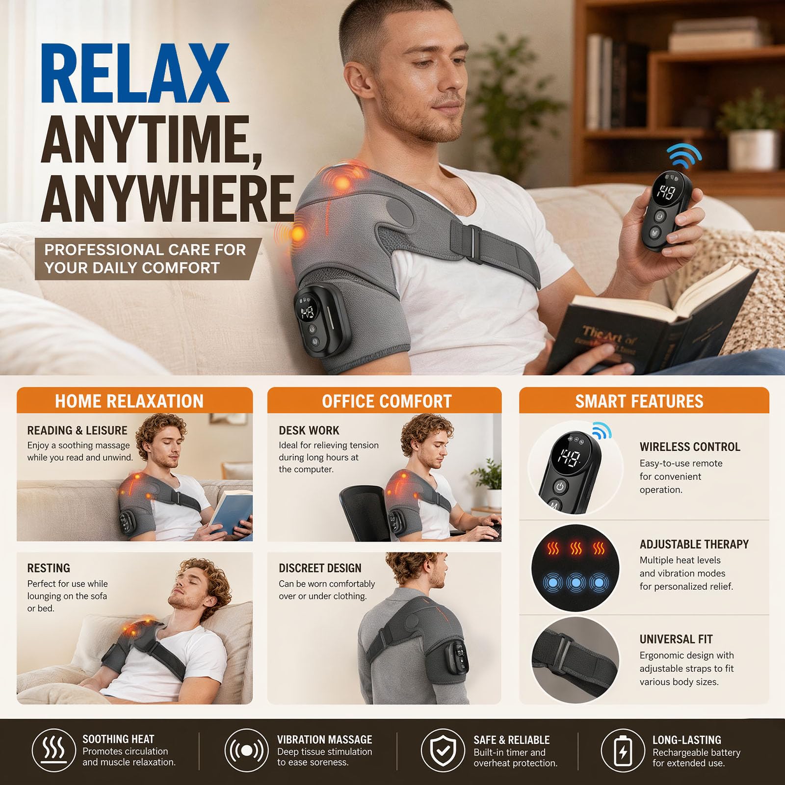 Triple Method Shoulder Massager, Schultermassagegerät Schultermassagegerät mit Wärme, 5000mAh Akku für Lange Laufzeit, 5 Vibramodi und Temperaturregelung, Funkfernbedienung (Grau)