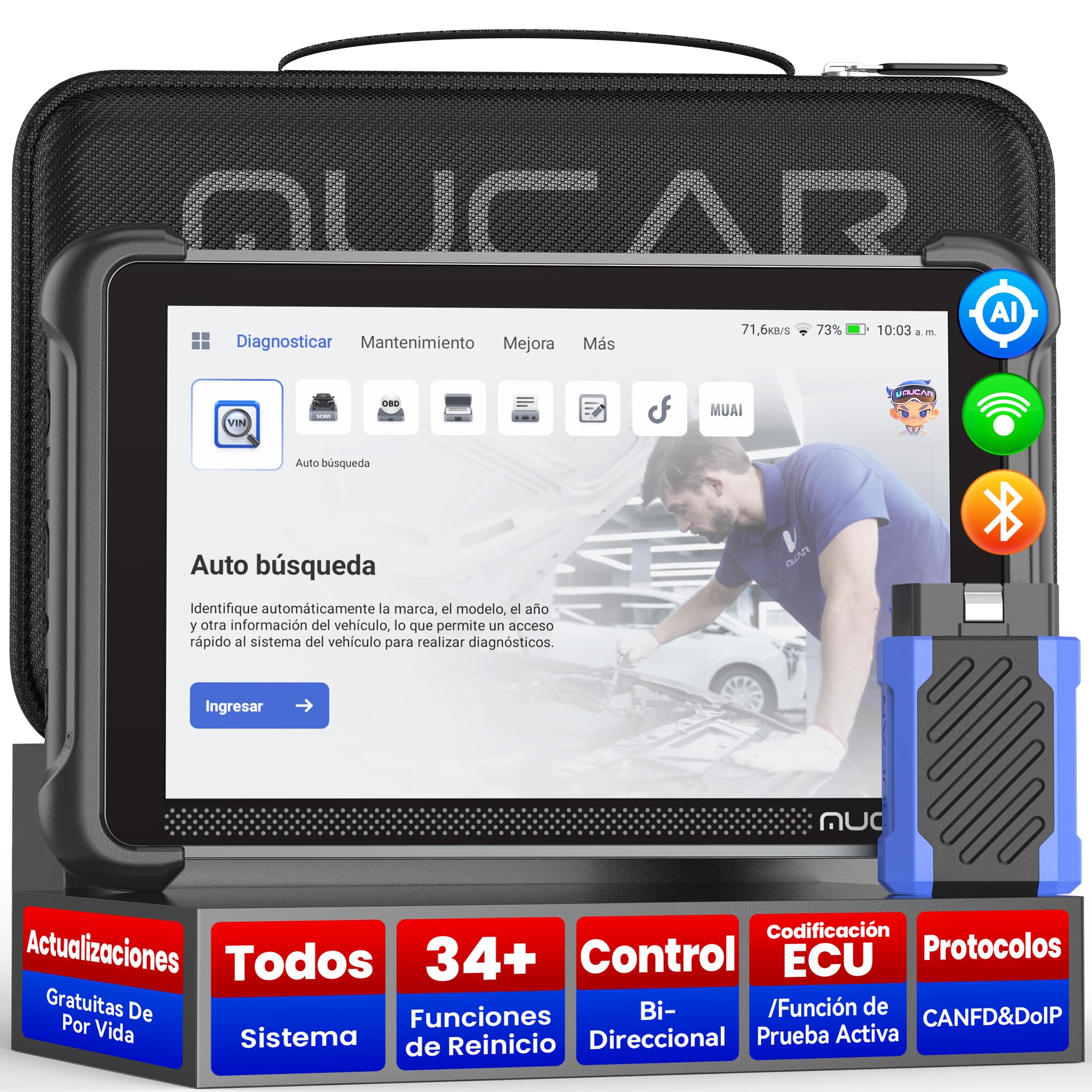 mucar OBD2 Diagnosis con AI Assist, 892BT Diagnosis Coche Multimarca con 34 Funciones De Reinicio + Todos Sistema, OBD2 Diagnóstico para Control Bi-Direccional/Codificación ECU-Actualización Gratuita | 34 Funciones De Reinicio Todos Sistema, OBD2 Diagnóst