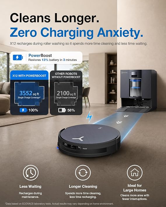 ECOVACS DEEBOT X12 OMNICYCLONE Robot Vacuum, FocusJet Pre-Spray Roller Mop
