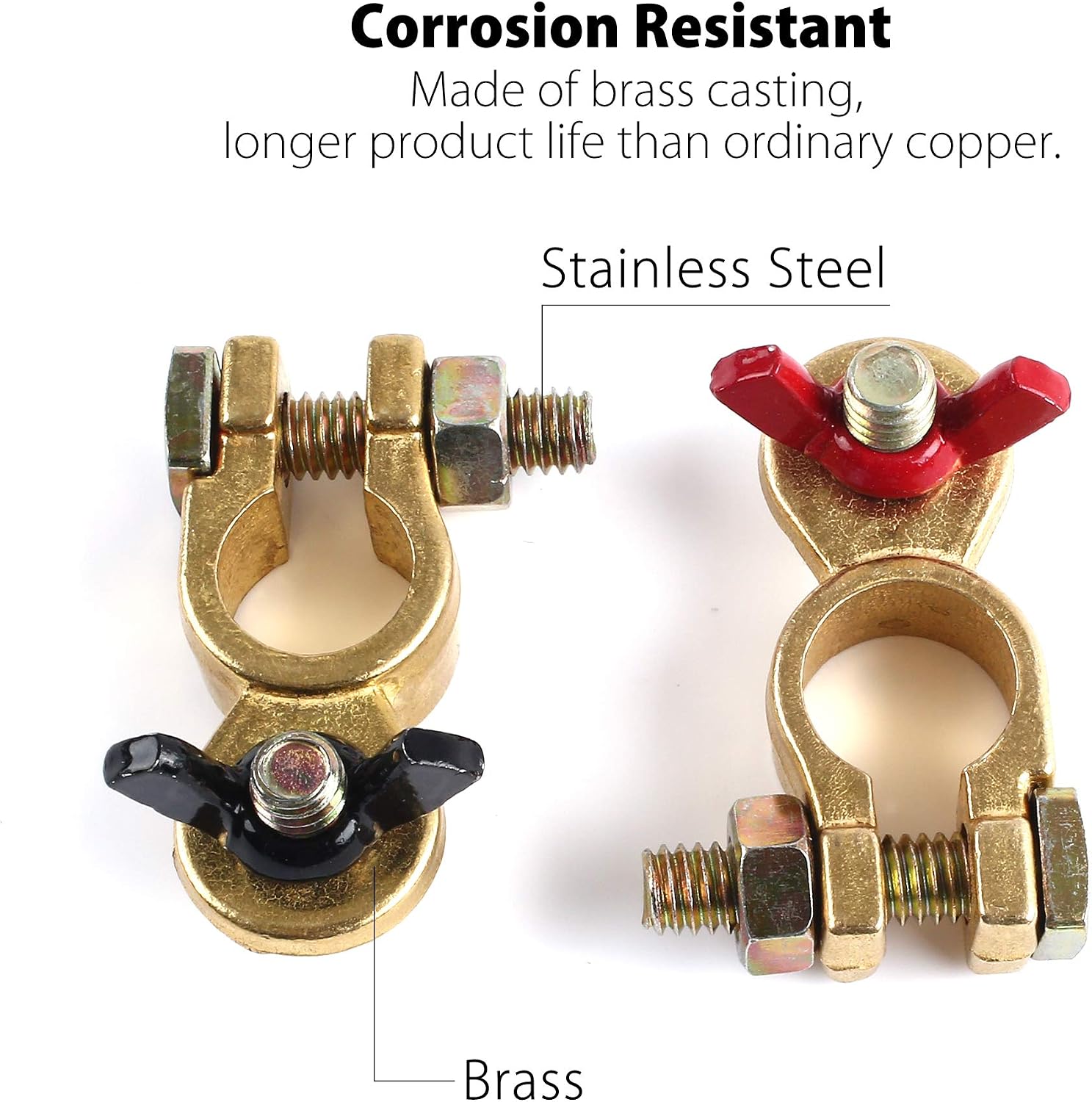 LotFancy Brass Battery Terminal Connectors with Wing Nut, 2Pcs Positive & Negative Marine Battery Terminal Clamps for Boat Car Truck Van RV, Corrosion Resistant, Max Current 300A