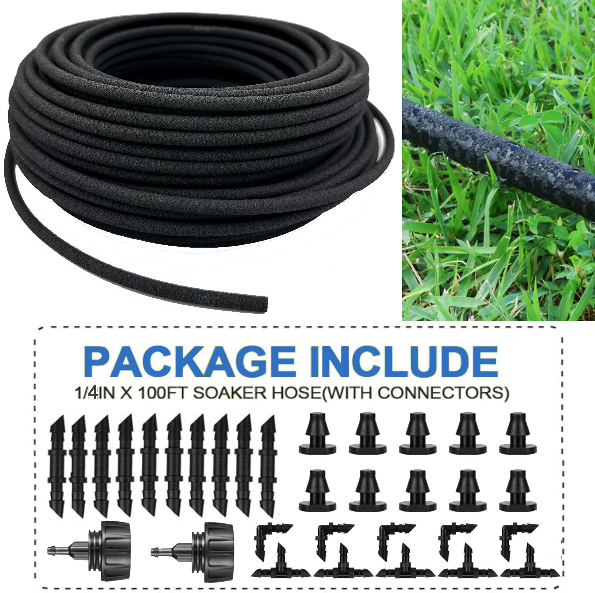Tubo de manguera de remojo de 1/4 pulgadas para riego por goteo, manguera de riego de 100 pies con varios accesorios, riego por goteo de goma de mayor duración, ahorra un 70% de agua para jardín y