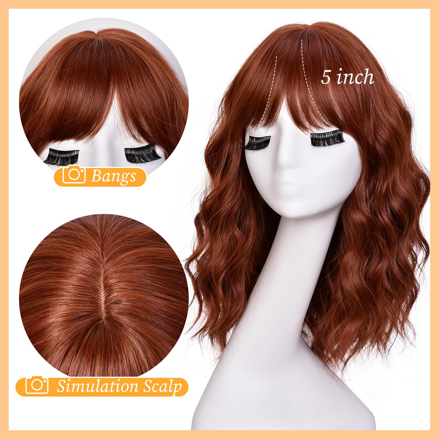 RUNM Short Bob Wavy Wigs for Women 18Inch Ginger Wig with Bangs for Black Women Shoulder Length Bob Hair Style for Halloween& Cosplay and Daily - Image 5
