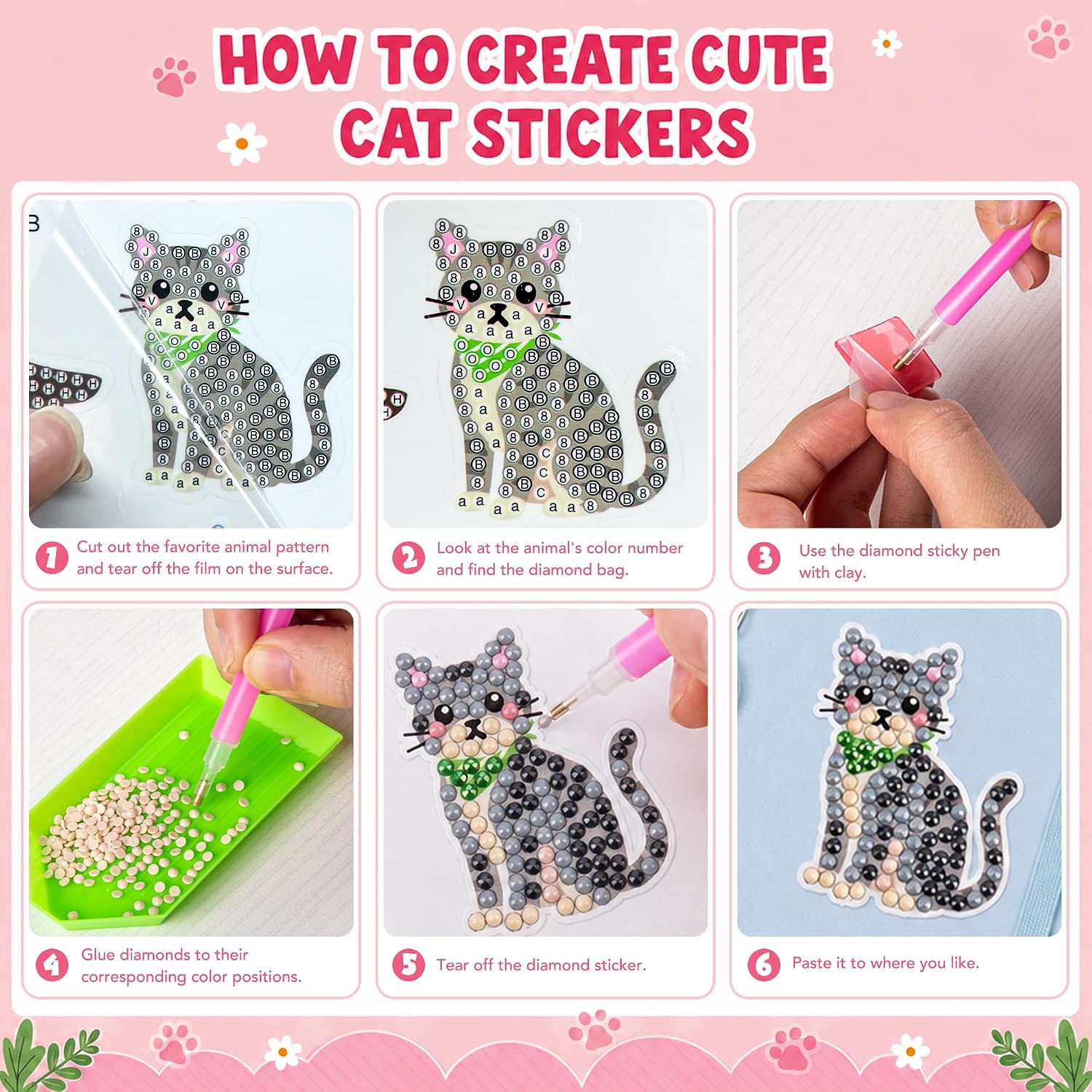 Labeol Diamond Art Kits for Kids Boys and Girls Ages 6-8-10-12 Easy to DIY Creative Diamond Art Sticker Craft by Numbers Kits for Kids and Adult Beginners (Cat) image 2
