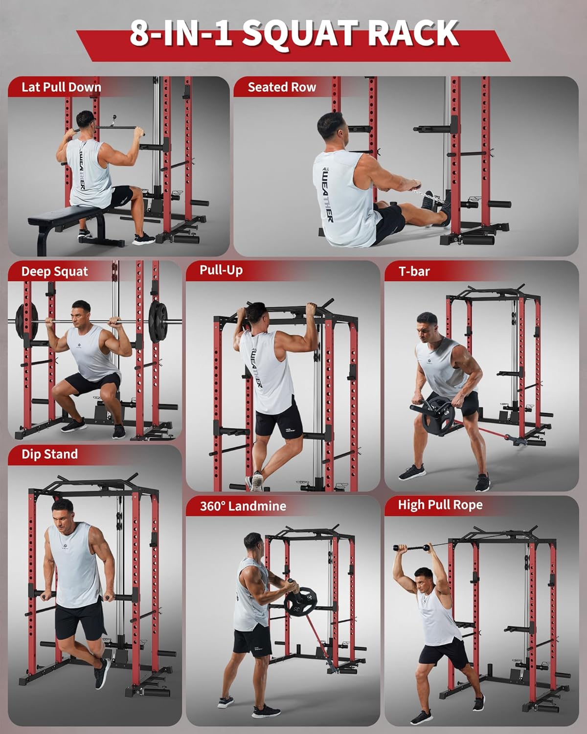 Power Rack with LAT Pulldown and Low Row, 1200LBS Heavy Duty Squat Rack 8-in-1 Power Cage for Home Gym, Functional Trainer with J-Hooks, Dip Bars, Landmine & Attachments (Red & Black)