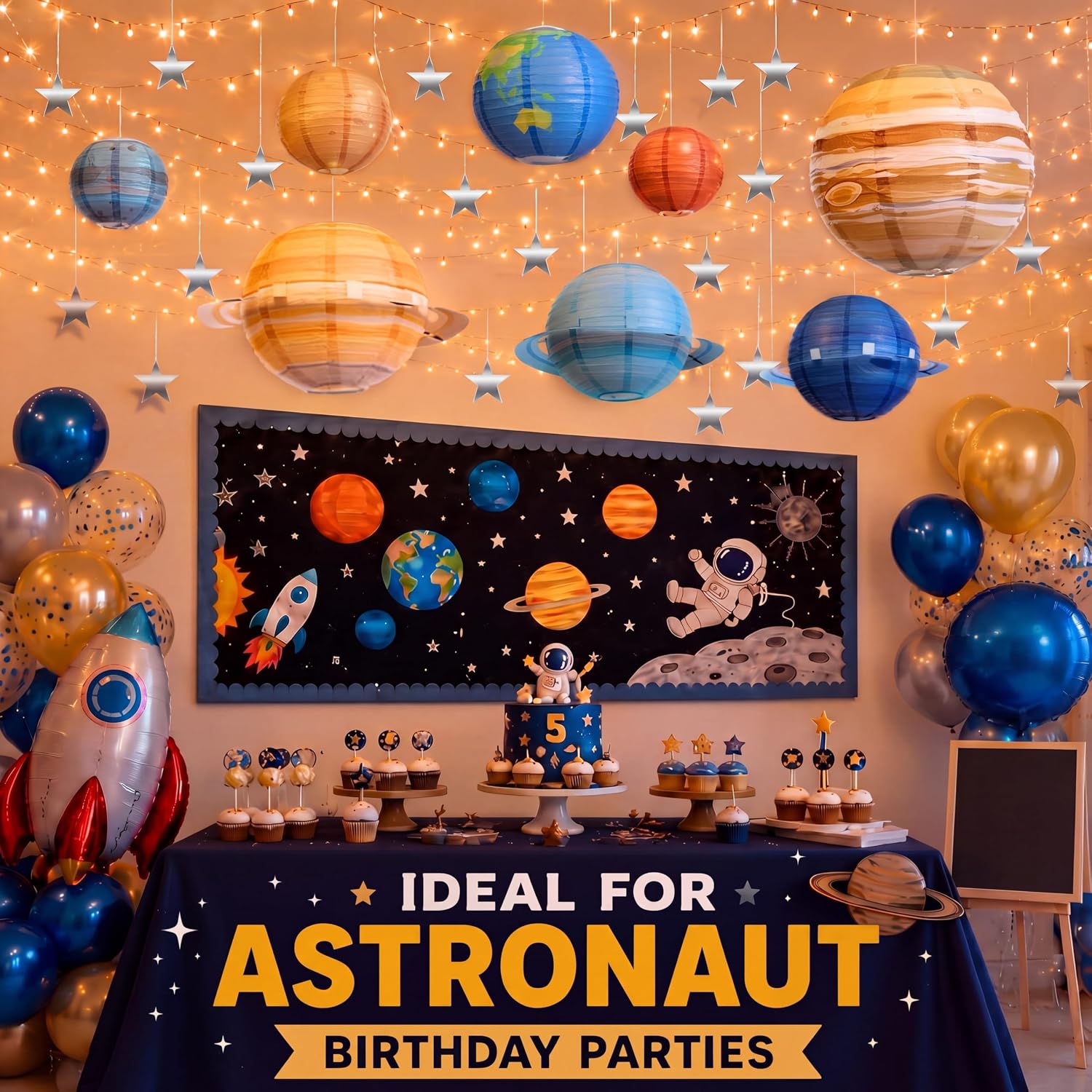 53 Pcs Space Ceiling Decorations, Solar System Paper Lanterns with 66 ft LED String Lights, Silver Stars and Hooks for Classroom, Back to School, Kids Birthday, Science Party Decor