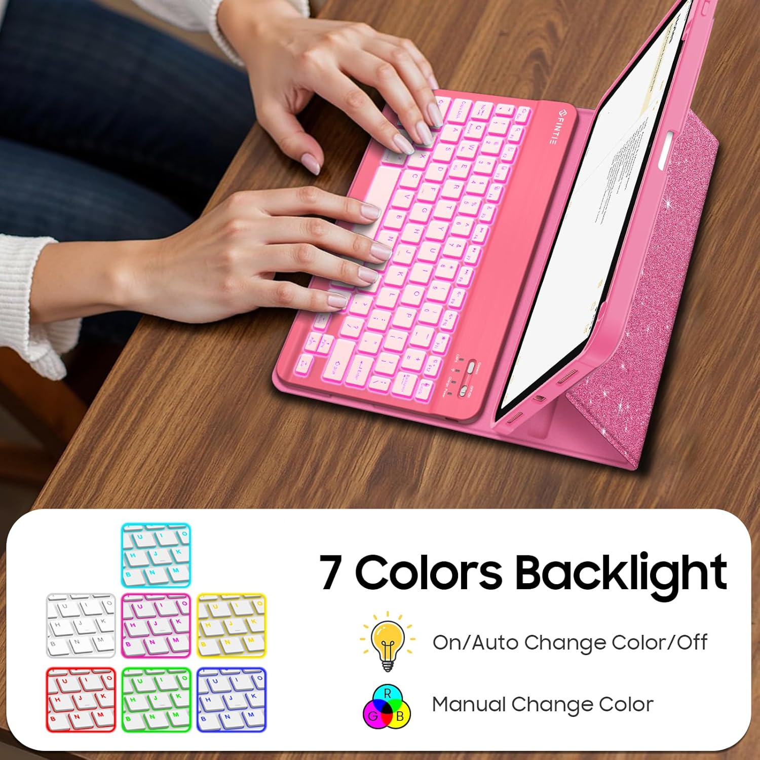 Fintie Backlit Keyboard Case for iPad (A16) 11th Generation 11 Inch 2025, iPad 10th Generation 10.9 Inch 2022 - Soft TPU Cover with 7 Color Backlight Detachable Bluetooth Keyboard, Glittering Pink