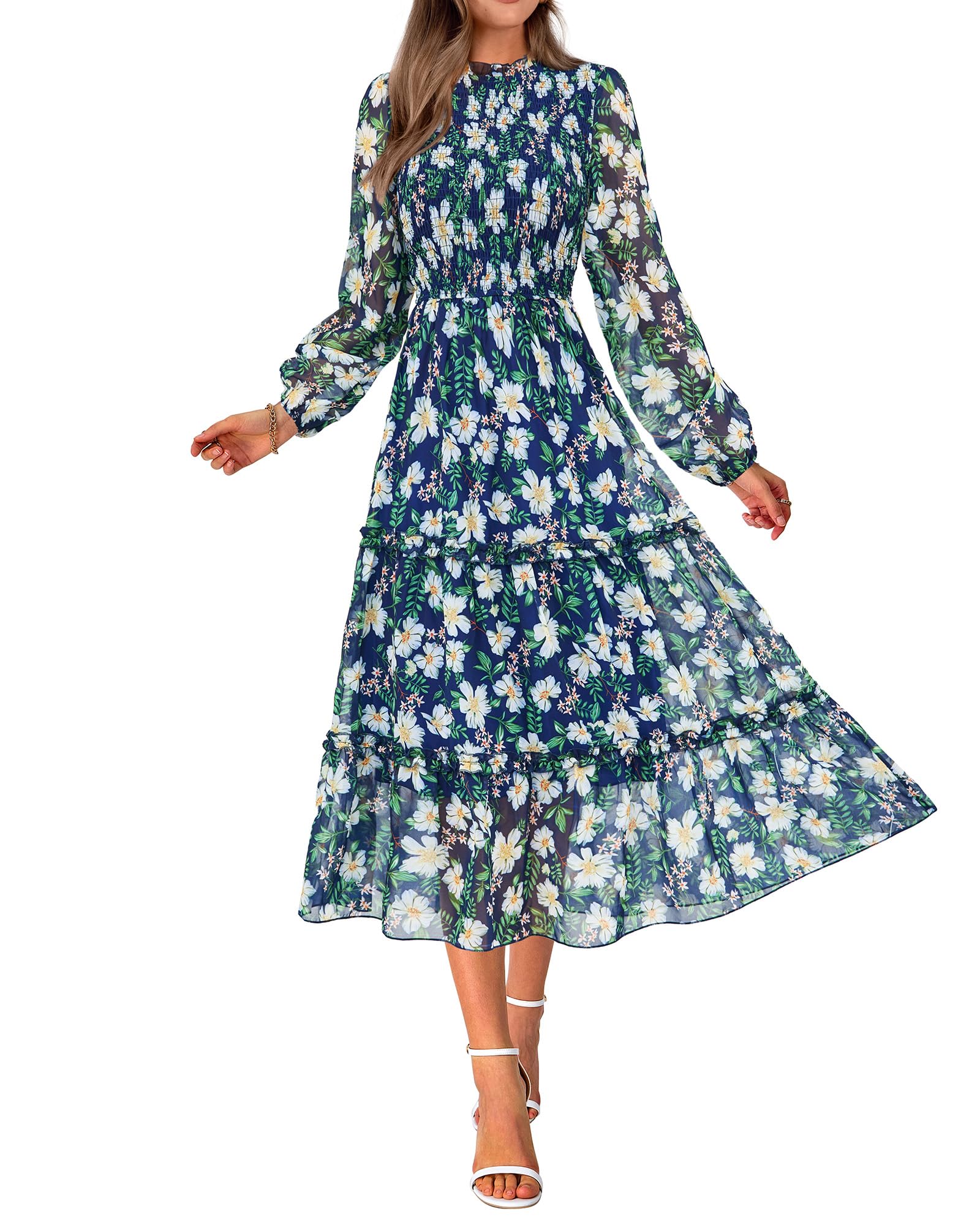 NOLLSOM Women Fall Dress 2026 Long Sleeve Wedding Guest Maxi Dresses | Floral,Crew Neck, Smocked,Ruffle,Flowy, A-Line, Boho Dress,Formal, Womens Fall