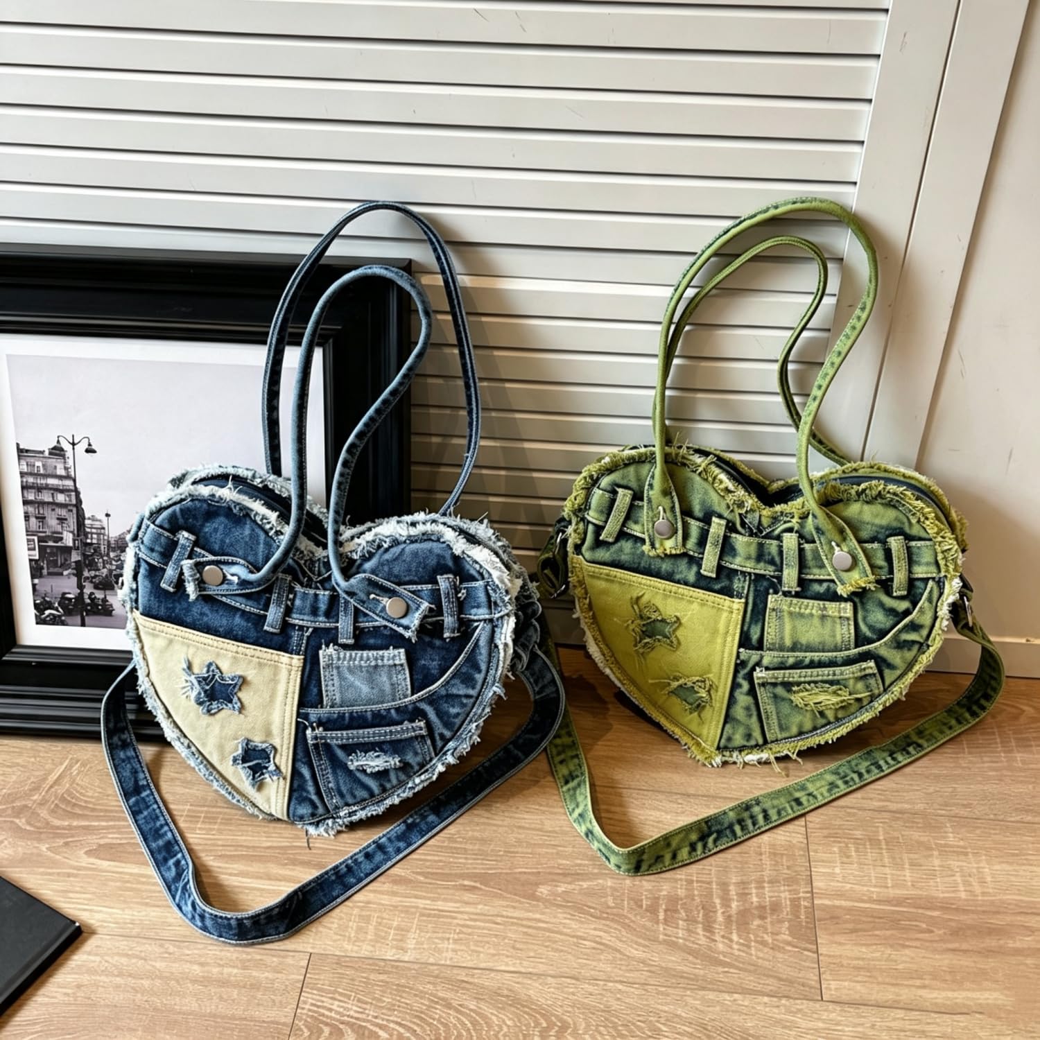 Borsa A Spalla Da Donna In Denim, Un'elegante Borsa Mano Forma Cuore Dal Sapore Rétro,Caratterizzata Design Patchwork Denim;Borsa Tracolla Stile Y2K, Perfetta Diverse Occasioni Casual