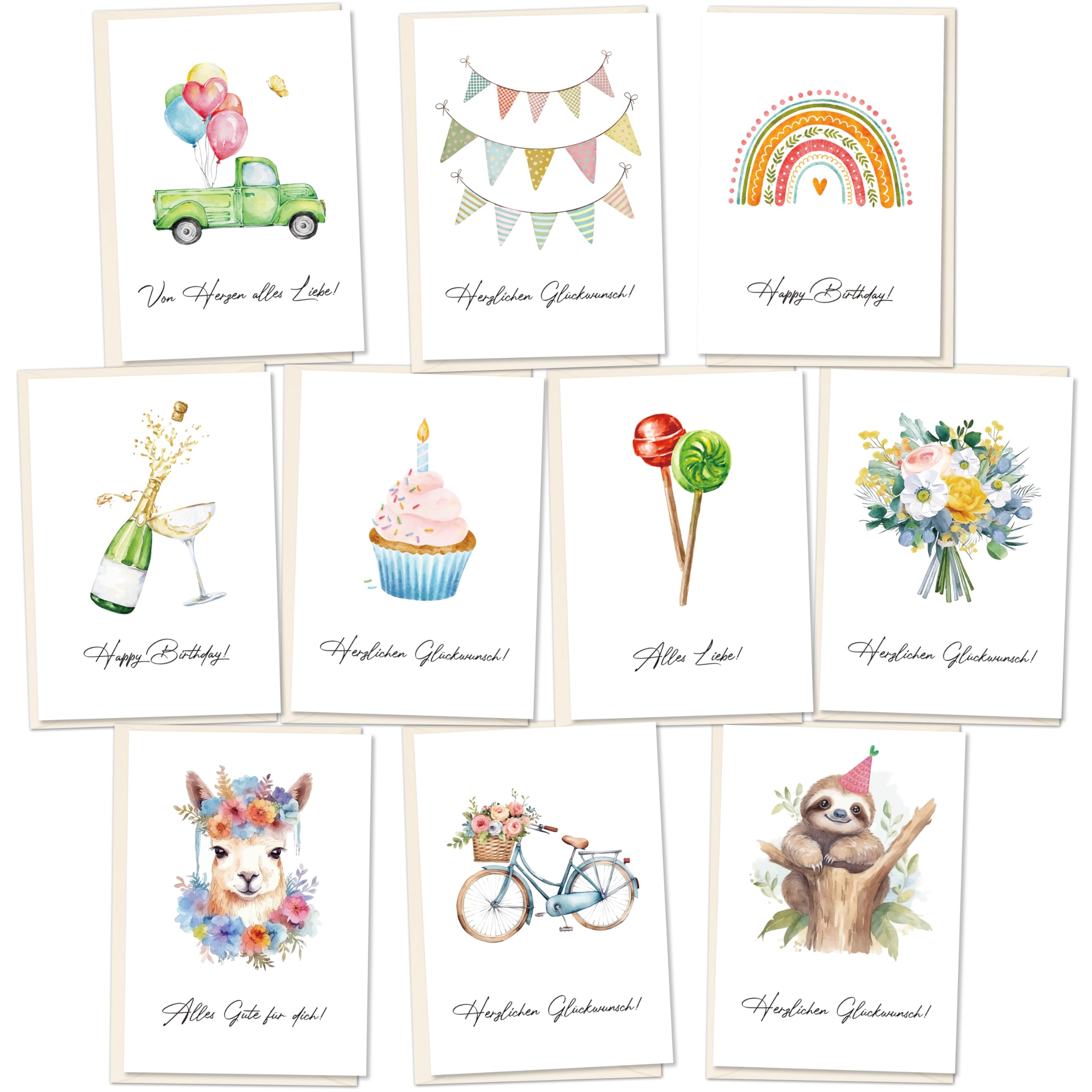 Lot De 40 Cartes D'anniversaire Feela - Motifs Variés + Enveloppes + Autocollants + Rubans Washi - 10x15 Cm
