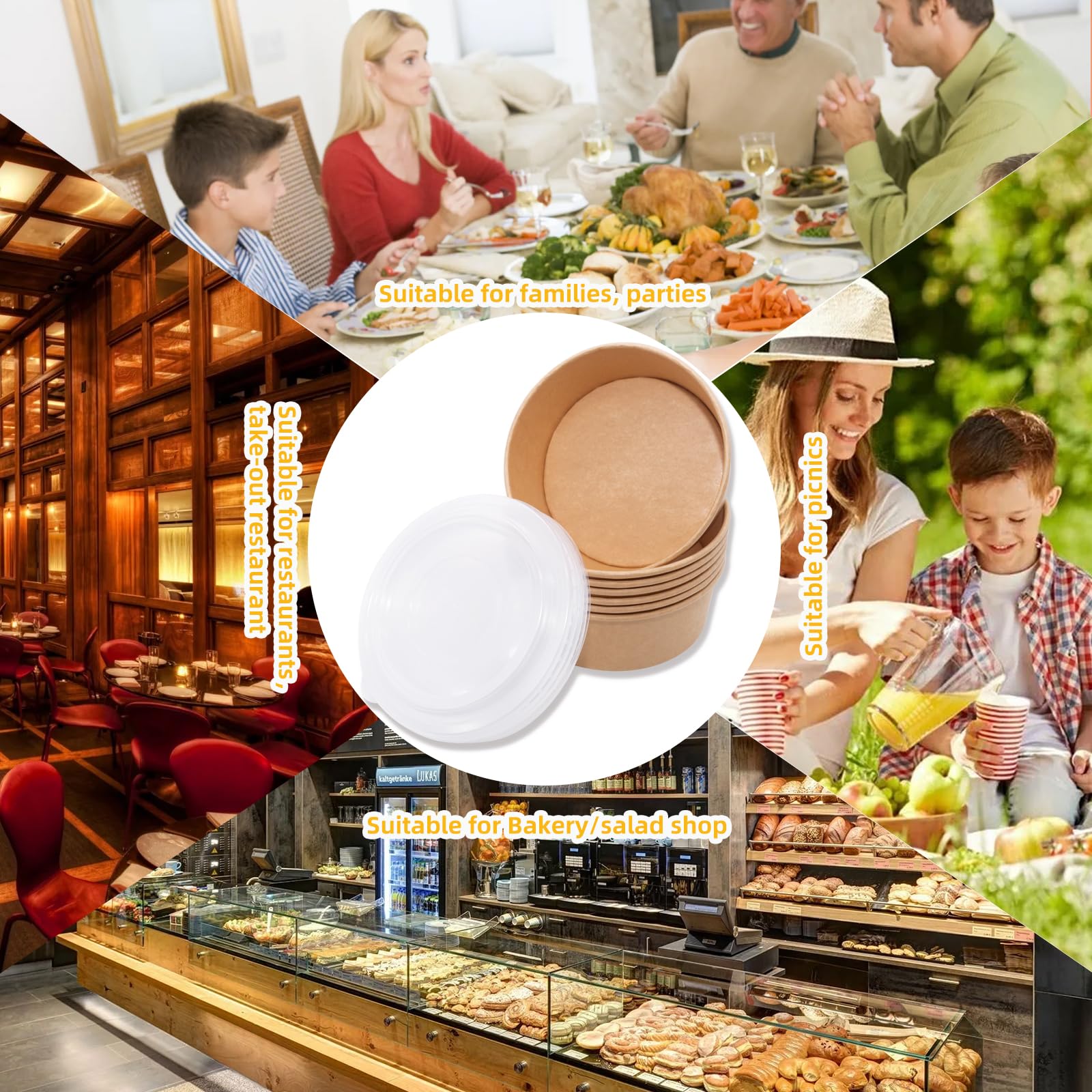 Cuencos de papel desechables extragrandes de 46 onzas con tapas, 50 unidades a prueba de fugas, recipientes de comida preparada para microondas, cuencos de ensalada desechables con tapas para llevar a