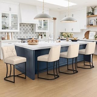LUE BONA 24" Bar Stools Set of 4, Counter Height Bar Stools with 5.5" Thick Cushion, Upholstered Leather Barstools with Metal Frames for Kitchen Island, Dining Room, Apricot Grey