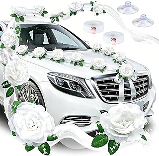 Autoschmuck Hochzeit Motorhaube mit 9 Rosen und 10 Autoschleifen, Saugnäpfen, Bändern Länge 180 cm x 2, Hochzeitsdeko Auto für Hochzeitsautos, Hochzeitsfeiern, Partys und Diy-Dekorationen