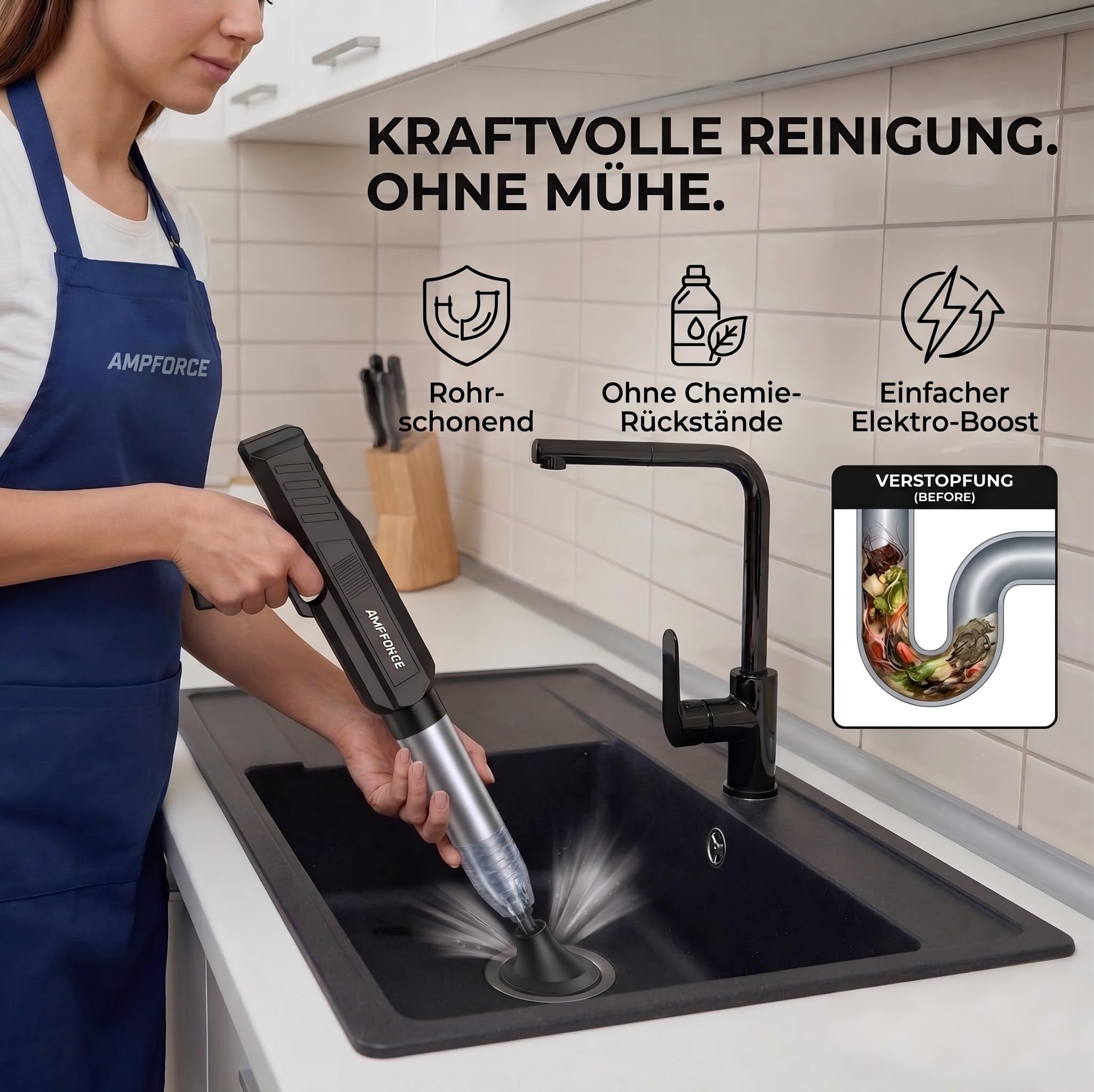 Elektrischer WC Pümpel - 1-8 BAR verstellbarer Druckluft Rohrreiniger, 120° Anti-Spritz Saugglocke Toilette, USB-C Abflussreiniger Pumpe für WC Waschbecken Dusche Küche(Tintenschwarz)