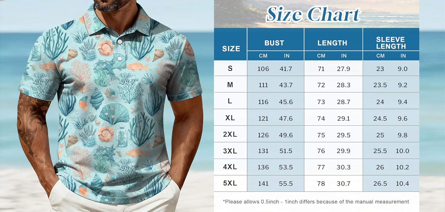 Men's Hawaiian Golf Polo Shirts Short Sleeve V Neck Funny Polo for Golf Casual Beach Vacation Shirts with Collar - Image 3