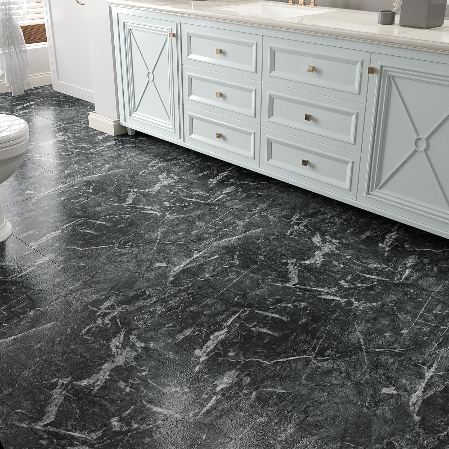 VaryStyle 18-Sheet Vinyl Flooring Peel and Stick Floor Tile Black Grey Slate Marble Tiles for Bathroom Waterproof Removable Thick Floor Covering 12"x12" Temporary Flooring for Renter Bedroom Basement