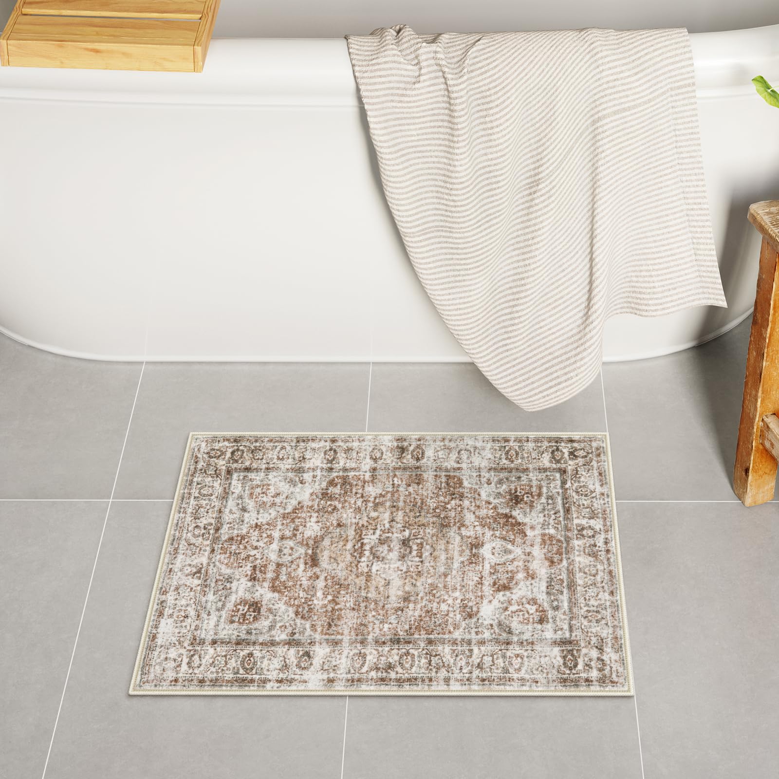 Uphome Boho Bathroom Rugs, Distressed Farmhouse Khaki Bath Mat