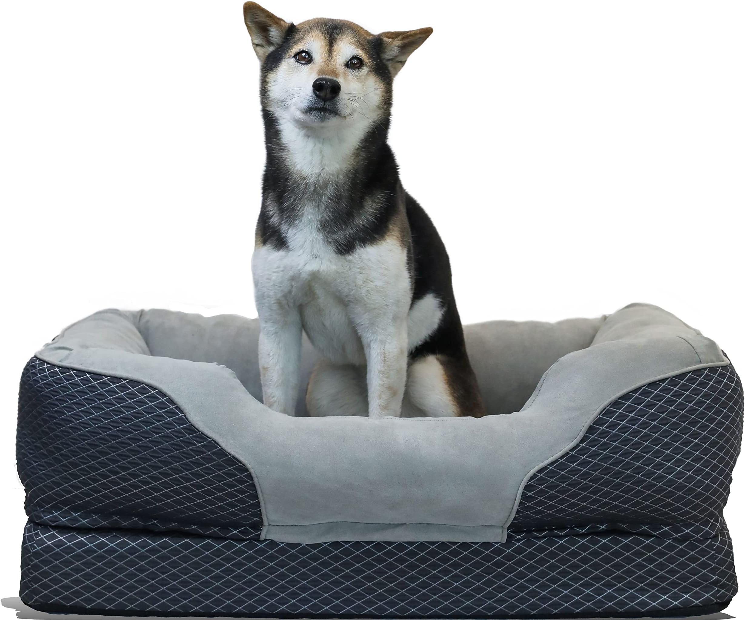BarksBar Snuggly Sleeper Medium Gray Diamond Orthopedic Dog Bed with Solid Orthopedic Foam, Soft Cotton Bolster, and Ultra Soft Plush Sleeping Space - 32 x 22 Inches