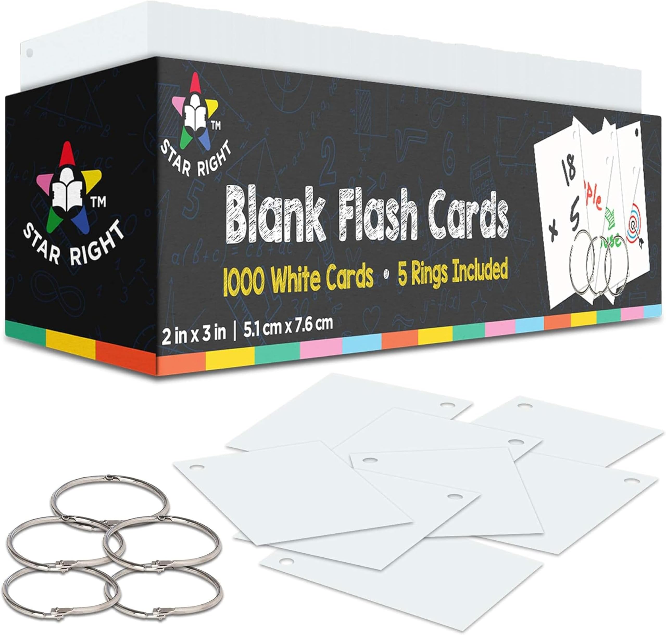 Star Right Blank Flash Cards for Studying - 2x3-Inch Blank Notecards - 1000 Pre-Punched White Index Cards with Metal Binder Rings - Flashcards for Test Prep, Math, Language, and Organization