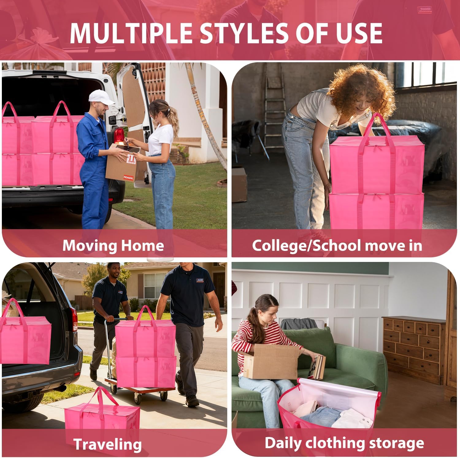 6 Pack Moving Bags Heavy Duty, Extra Large Moving Bags, Moving Supplies, Storage Bags with Handles and Zippers, Waterproof Totes for Storage Space Saving Packaging Shipping and Travel(Pink) - Image 7