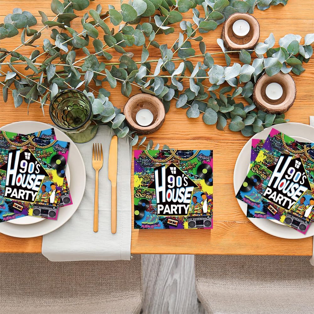 80 Pcs 90's House Party Paper Napkins Hip Hop Retro Graffiti Disposable Napkins Back to The 90s Theme Party Supplies for Table Decorations