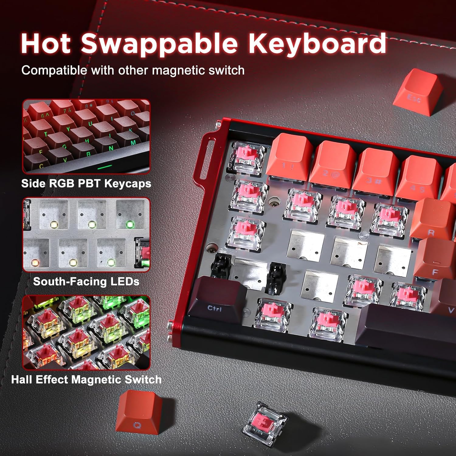 Close-up of the hot-swappable switch sockets and Hall Effect Magnetic Switches.