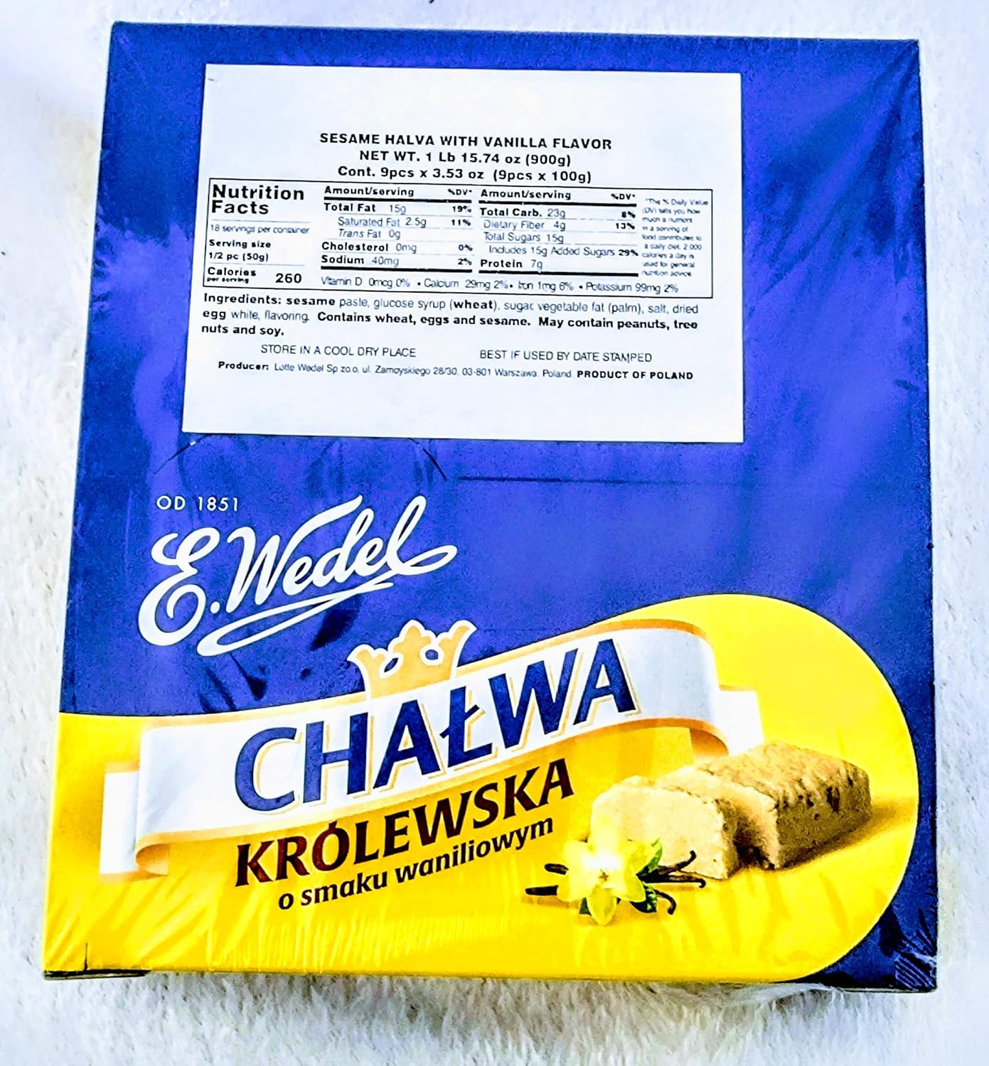 E.Wedel Chalwa Krolewska Vanilla - Polish Sesame Halva with Vanilla Flavor 9pcx100g (FULL Box)