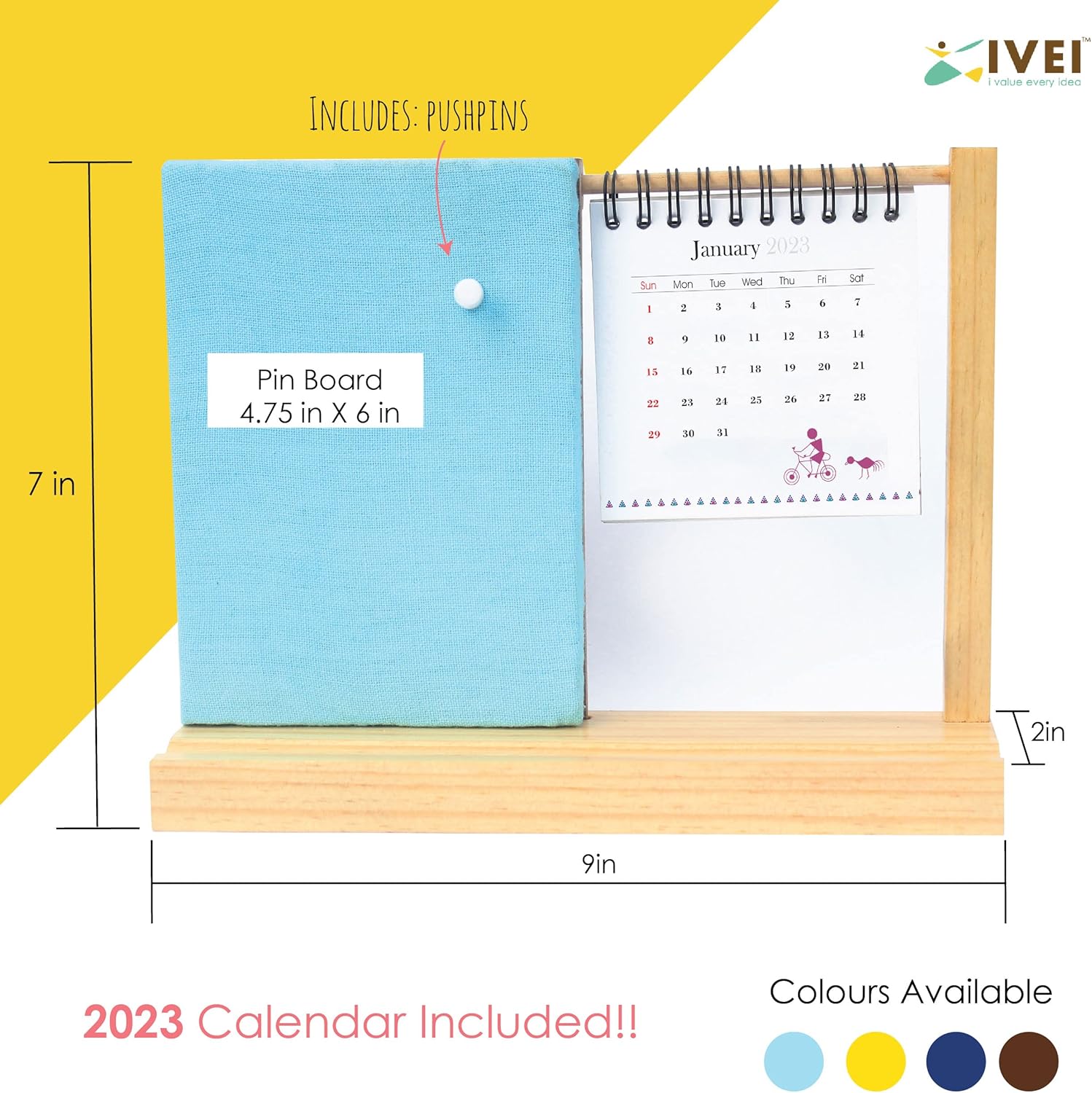 IVEI Warli Desk Calendar with Pin Board - Desk Organizer - Utility Desktop Calendar - Table Top Calendar Set - Desk Calendar Holder with Pin Board for Home, Office Desk Decor, Study Room - Yellow